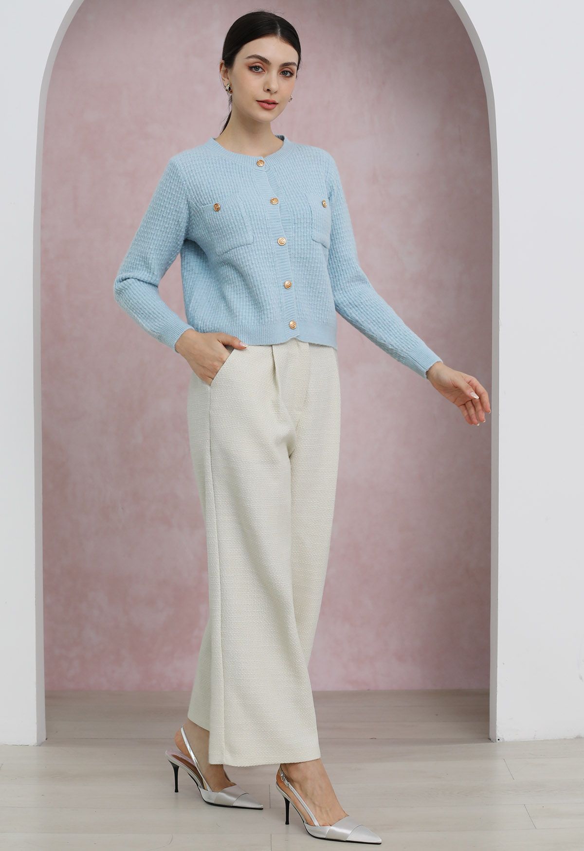 Embossed Dots Patch Pocket Buttoned Knit Cardigan in Baby Blue