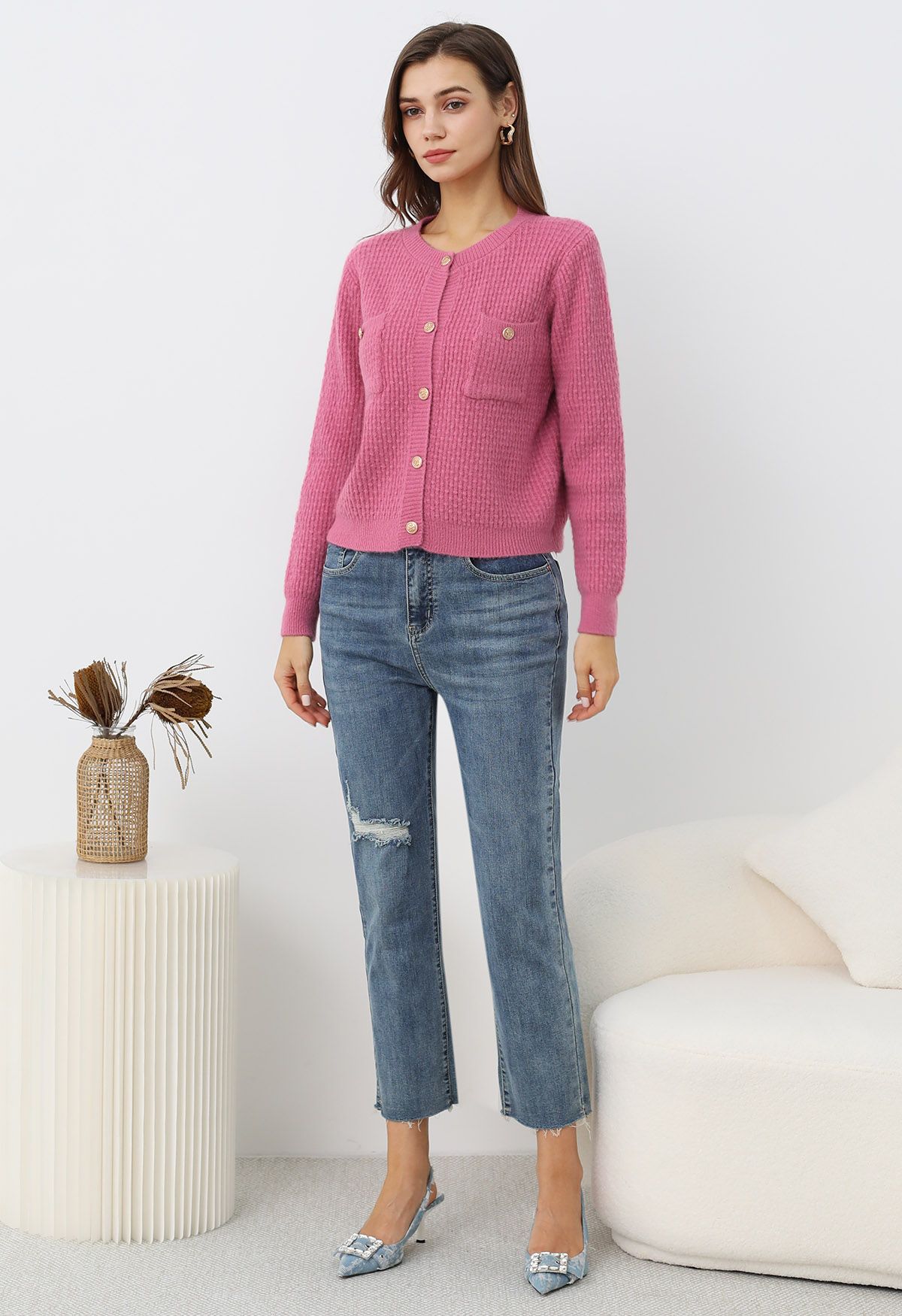 Embossed Dots Patch Pocket Buttoned Knit Cardigan in Pink