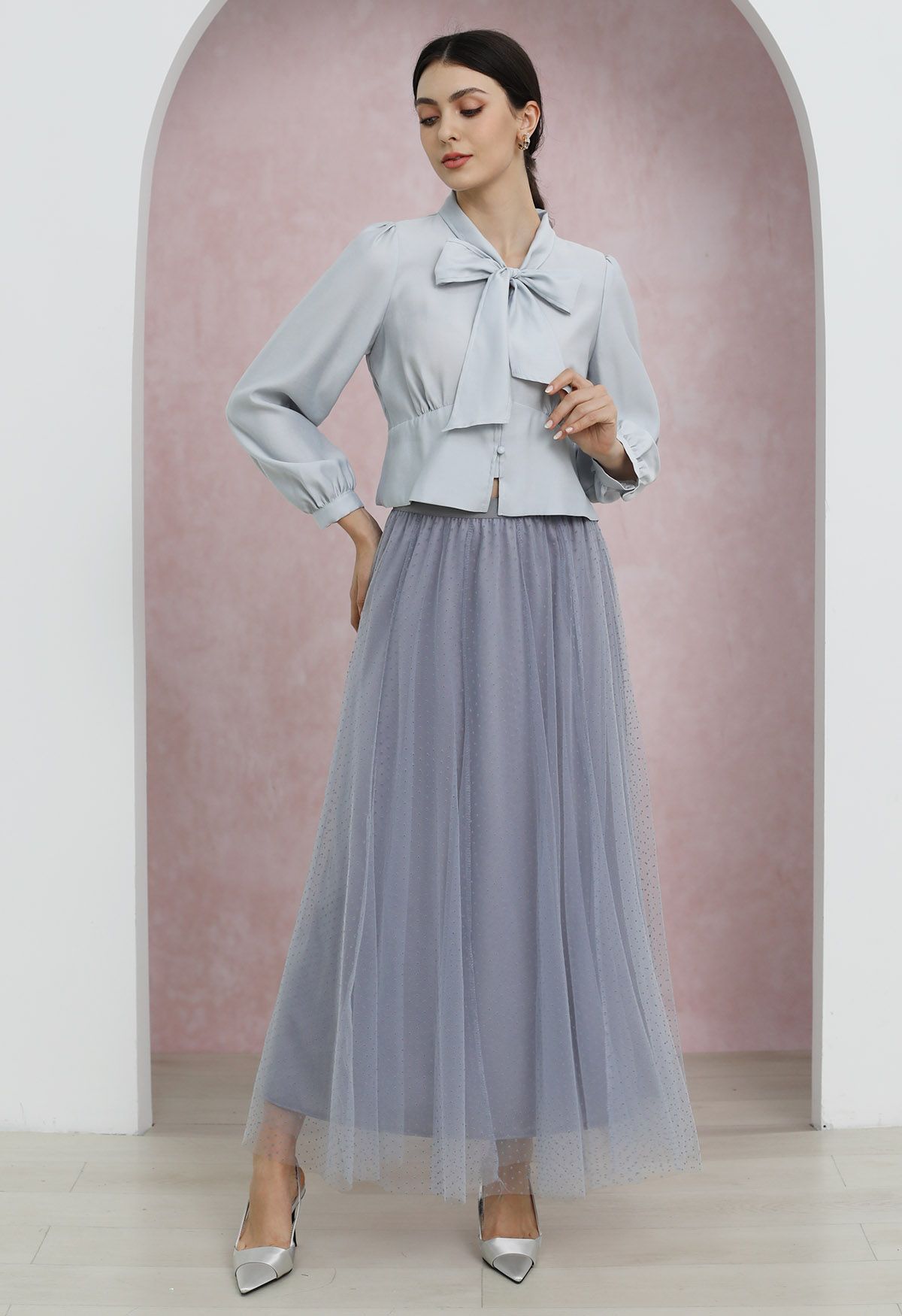 Flock Dots Double-Layered Mesh Tulle Maxi Skirt in Dusty Blue