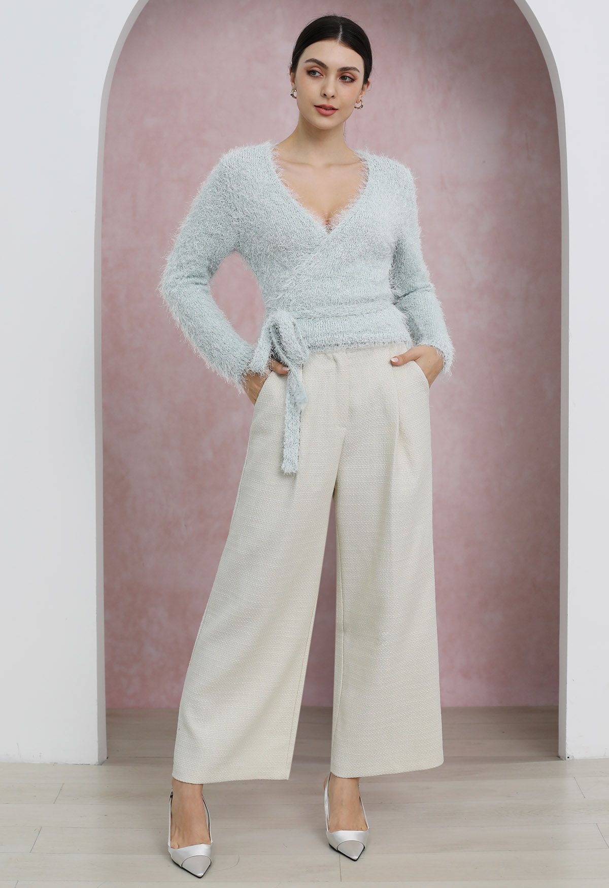 Stylish Tweed Pleats Palazzo Pants in Ivory