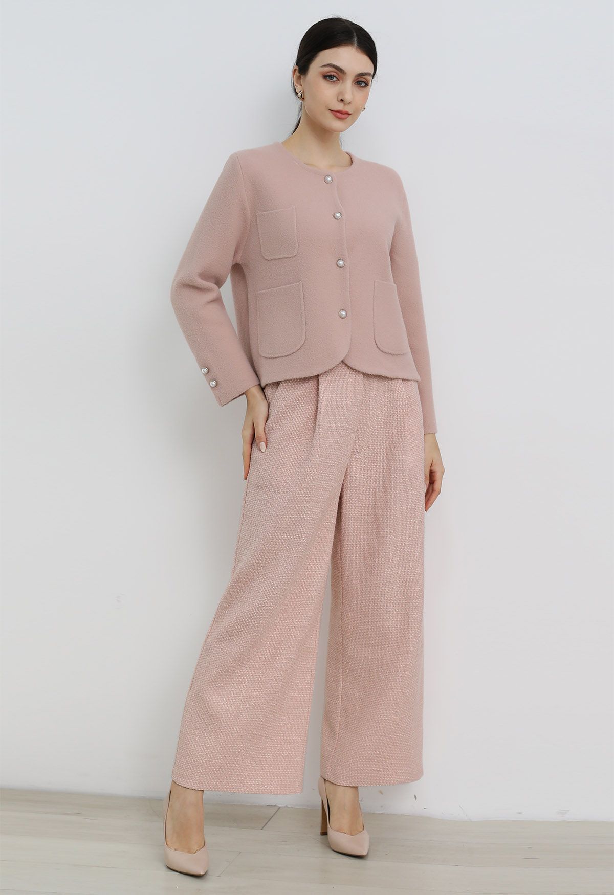 Stylish Tweed Pleats Palazzo Pants in Pink