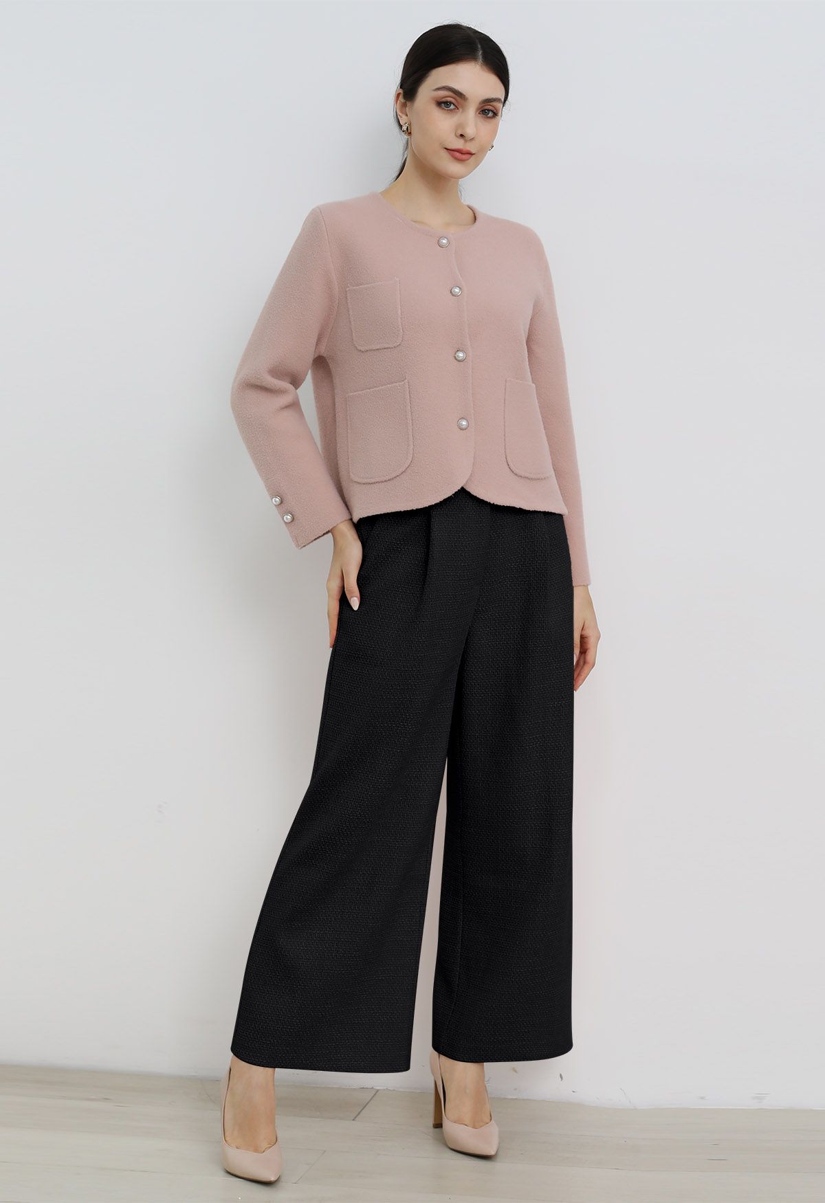 Stylish Tweed Pleats Palazzo Pants in Black