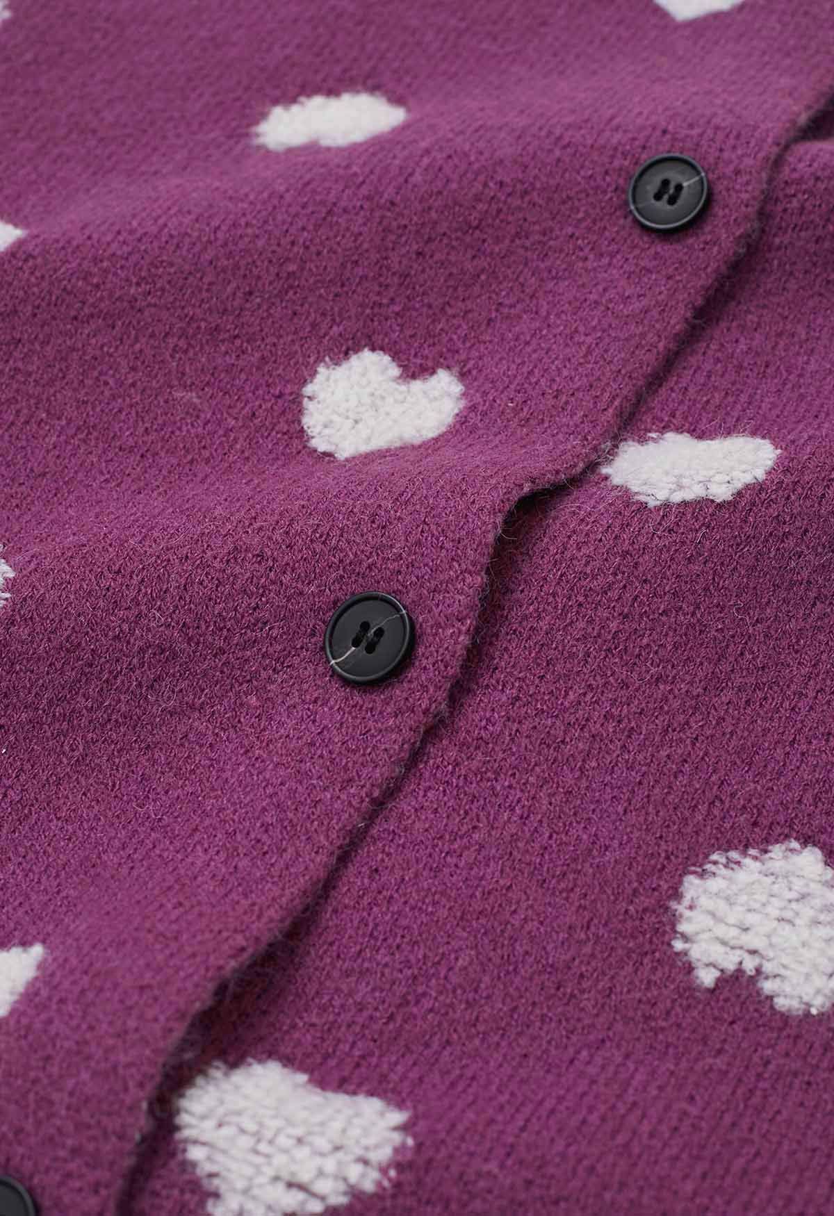 Cardigan boutonné en tricot jacquard à cœur pelucheux en violet