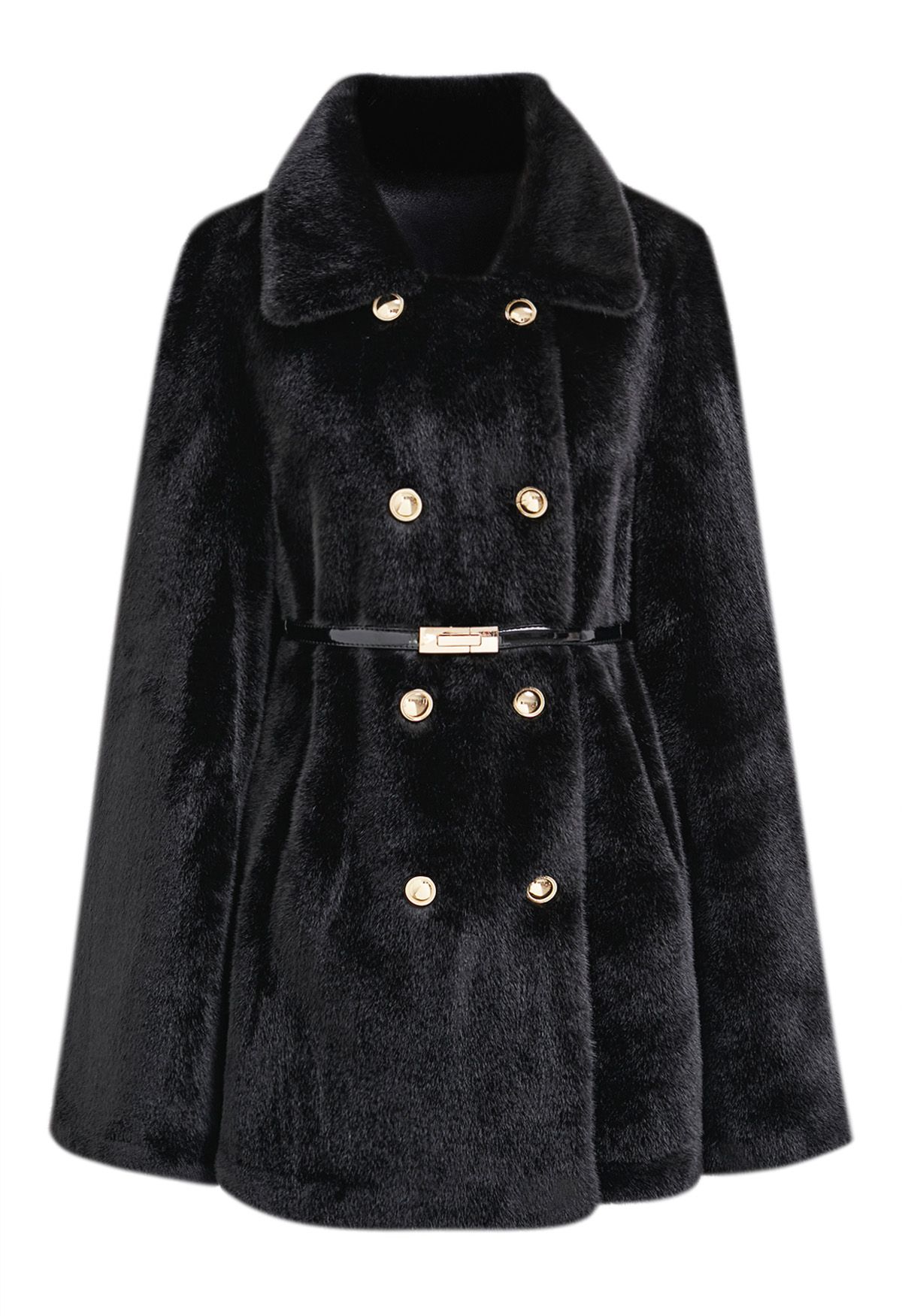 Manteau cape en fausse fourrure à double boutonnage avec col en noir