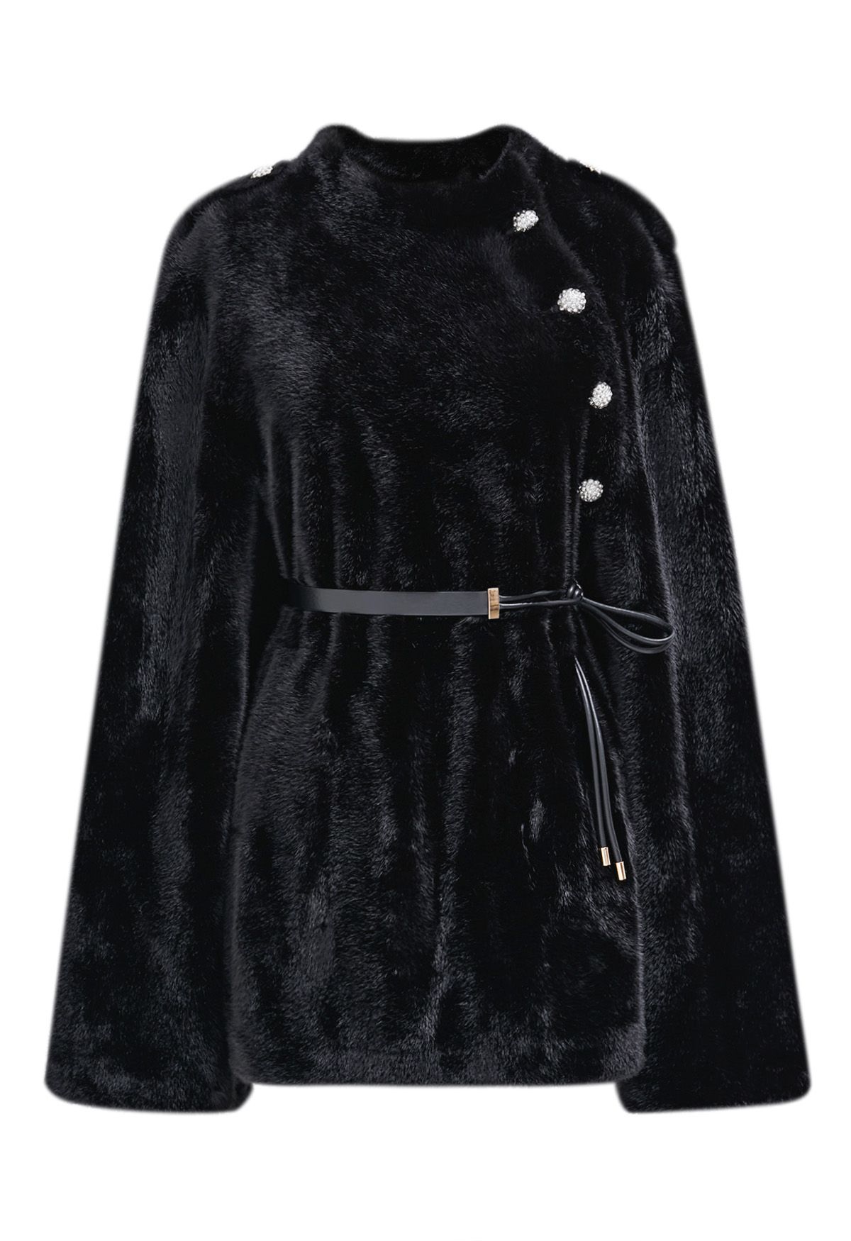 Manteau cape en fausse fourrure avec boutons en strass en noir