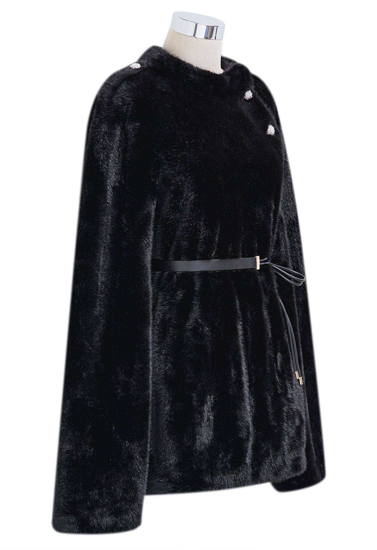 Manteau cape en fausse fourrure avec boutons en strass en noir