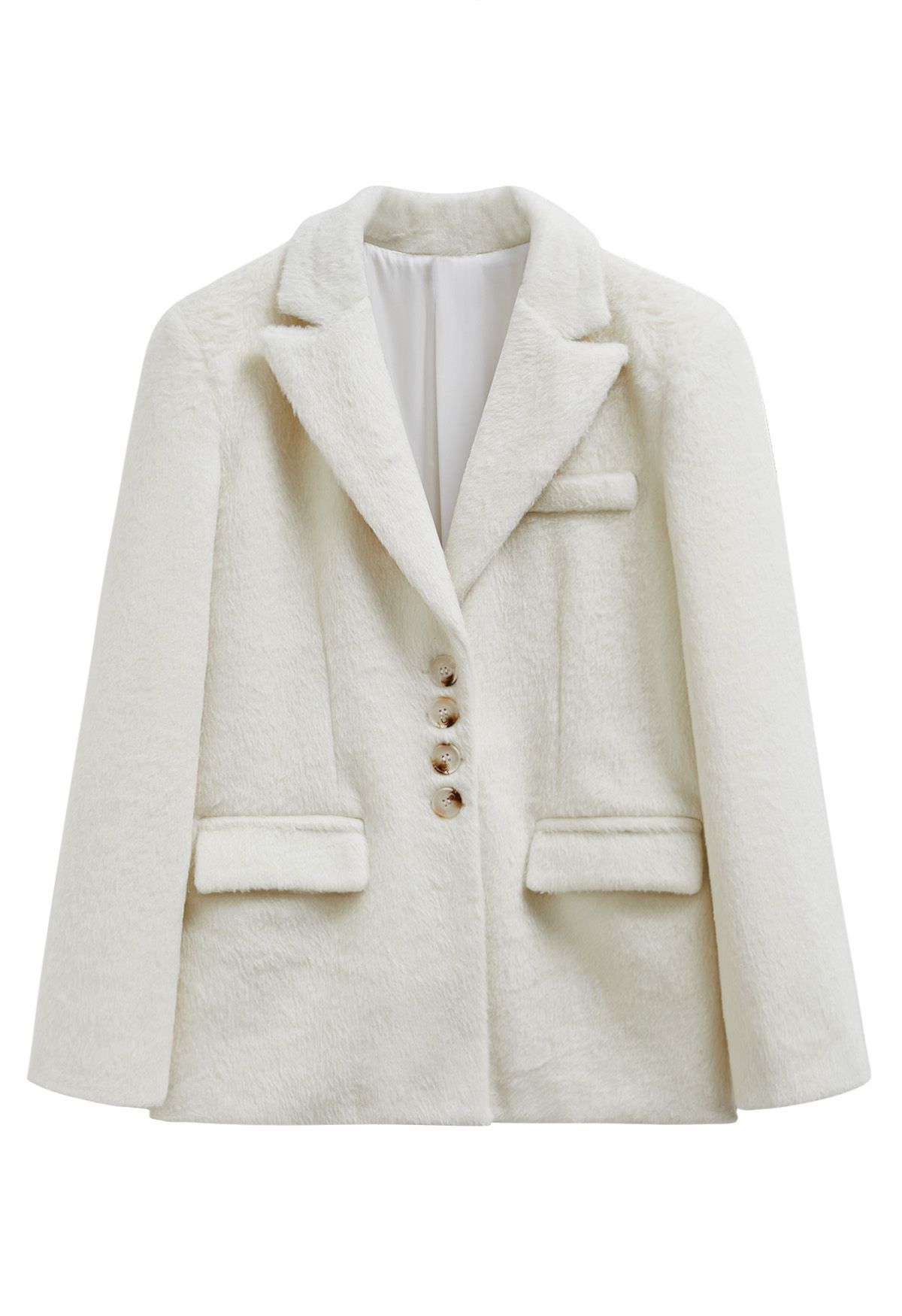 Manteau blazer boutonné en fausse fourrure à revers pointus en ivoire