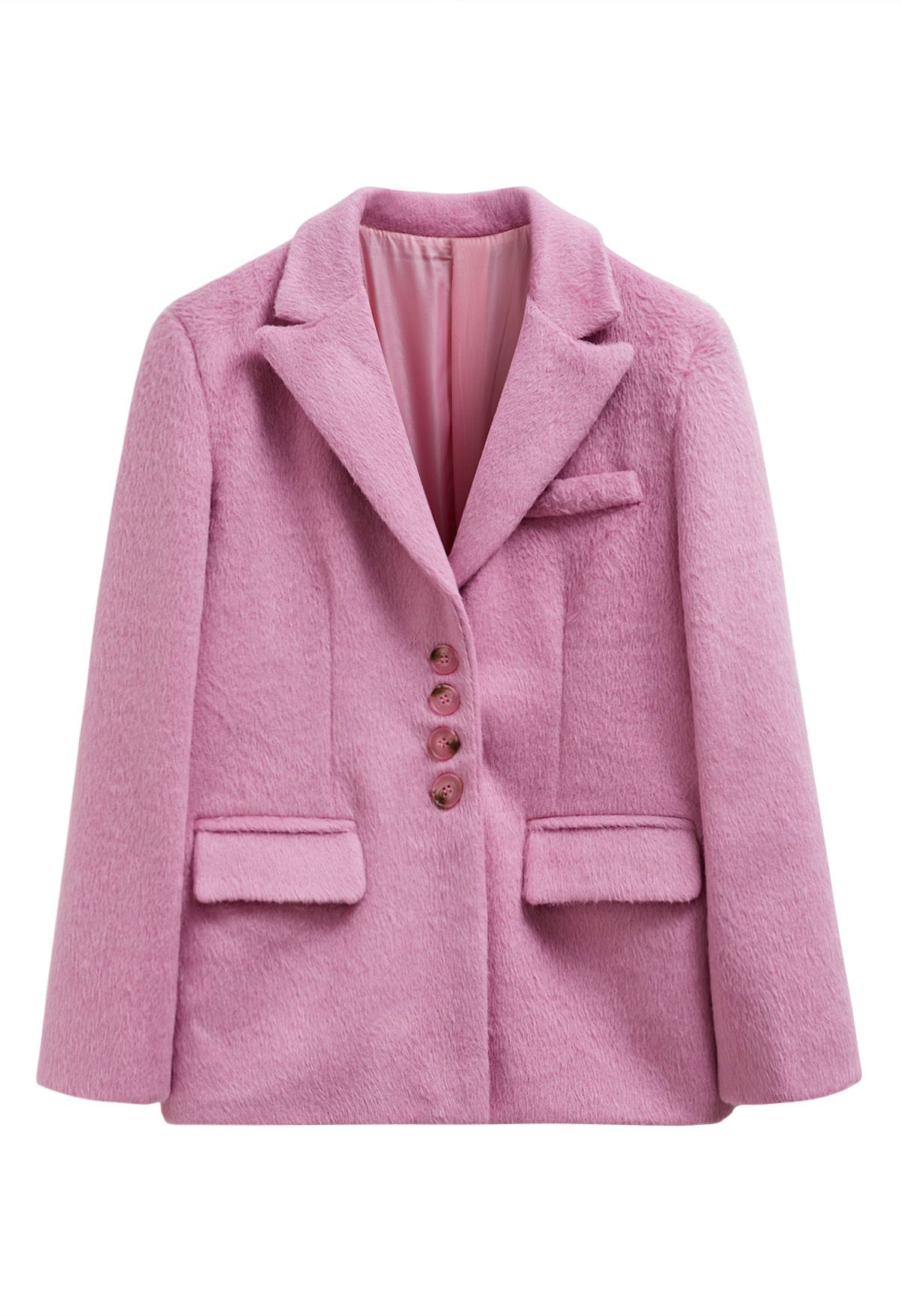 Manteau blazer boutonné en fausse fourrure à revers pointus en rose bonbon