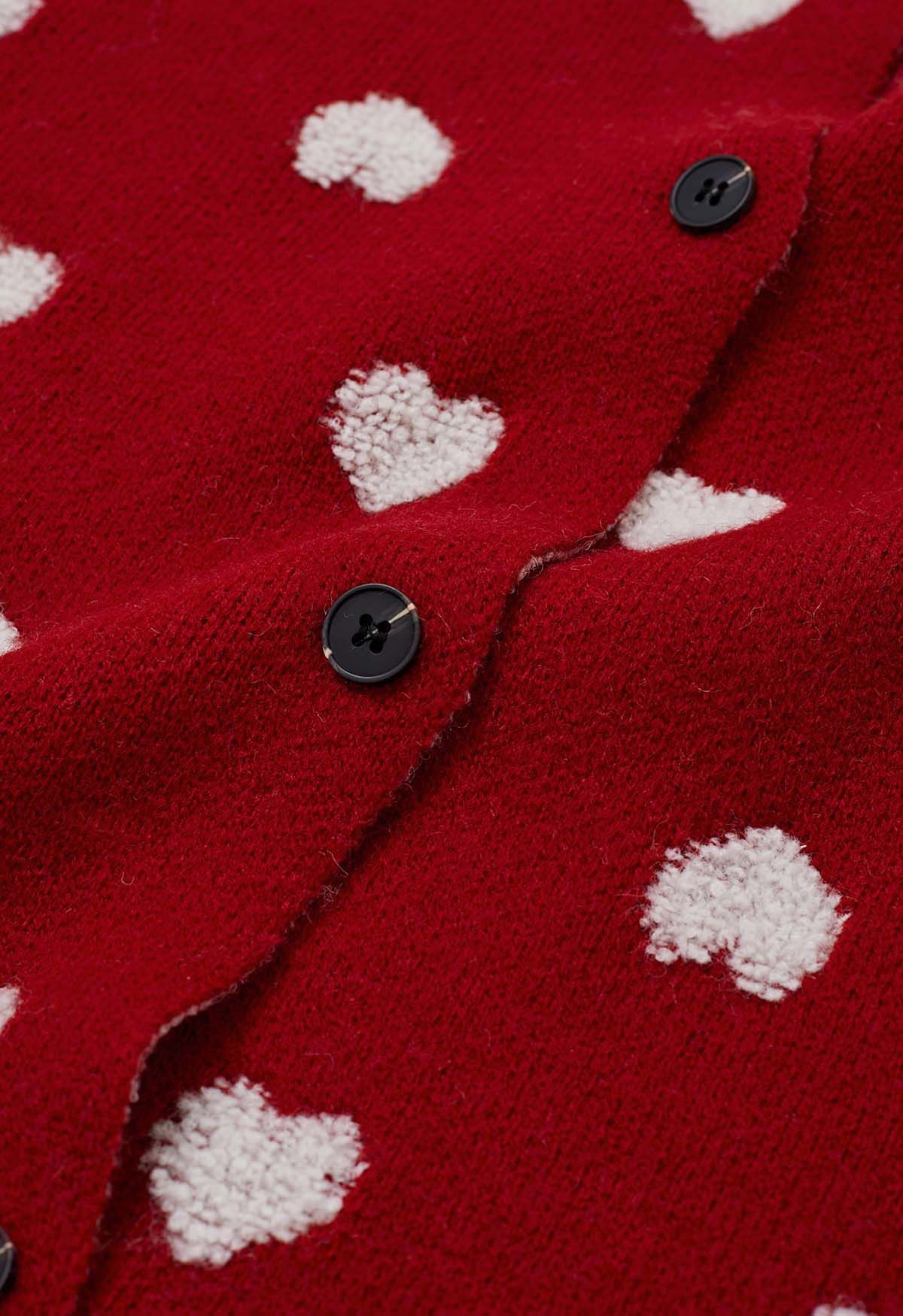 Cardigan boutonné en tricot jacquard à cœur pelucheux en rouge