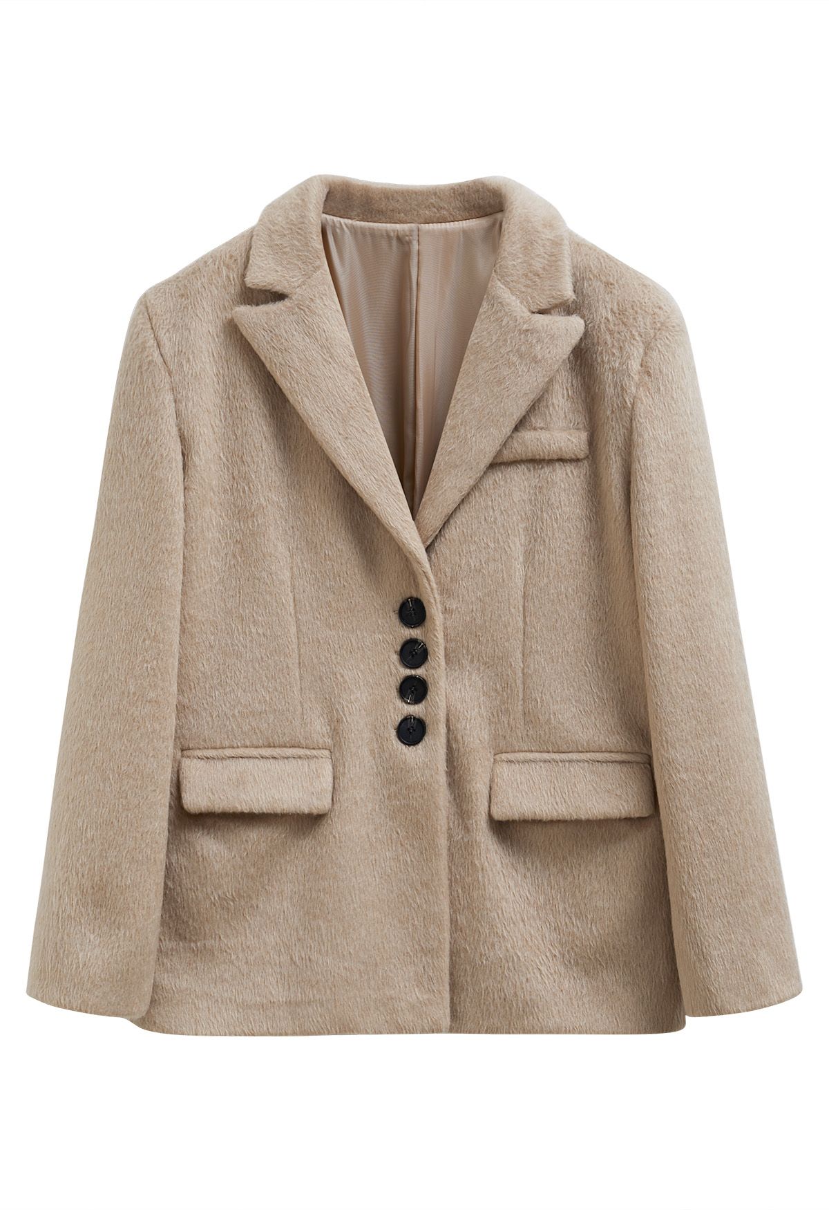 Manteau blazer boutonné en fausse fourrure à revers pointus en beige clair