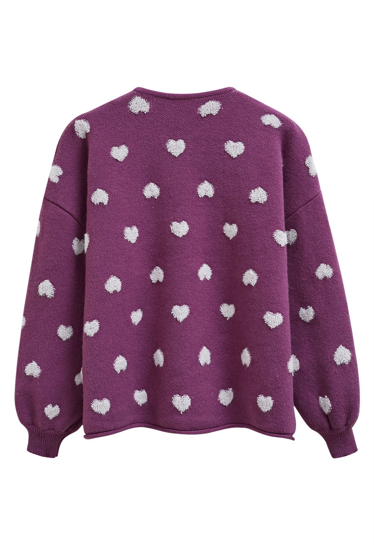 Cardigan boutonné en tricot jacquard à cœur pelucheux en violet