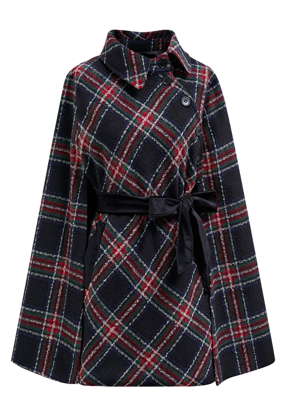 Manteau cape en tartan avec ceinture et boutons en noir