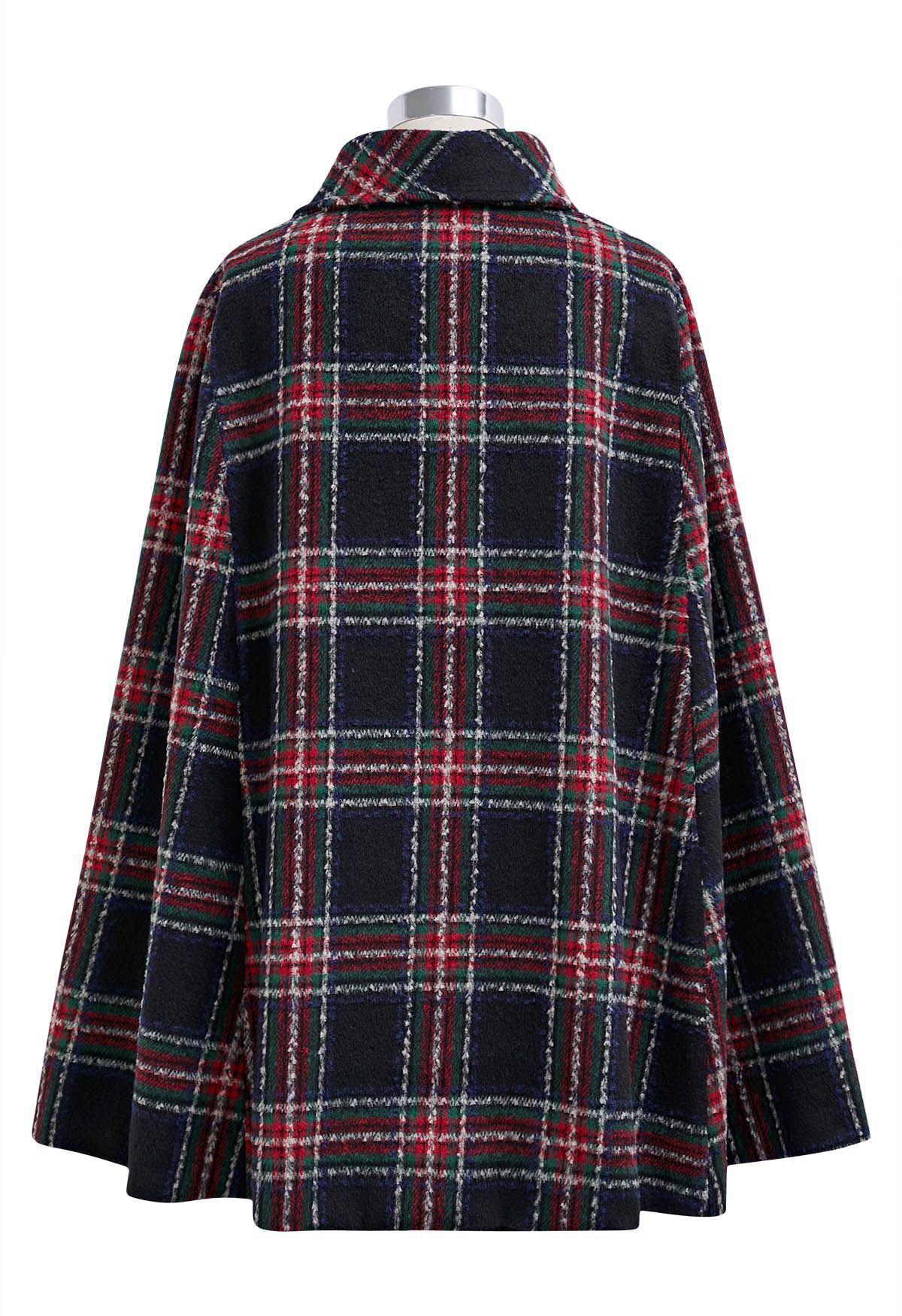 Manteau cape en tartan avec ceinture et boutons en noir