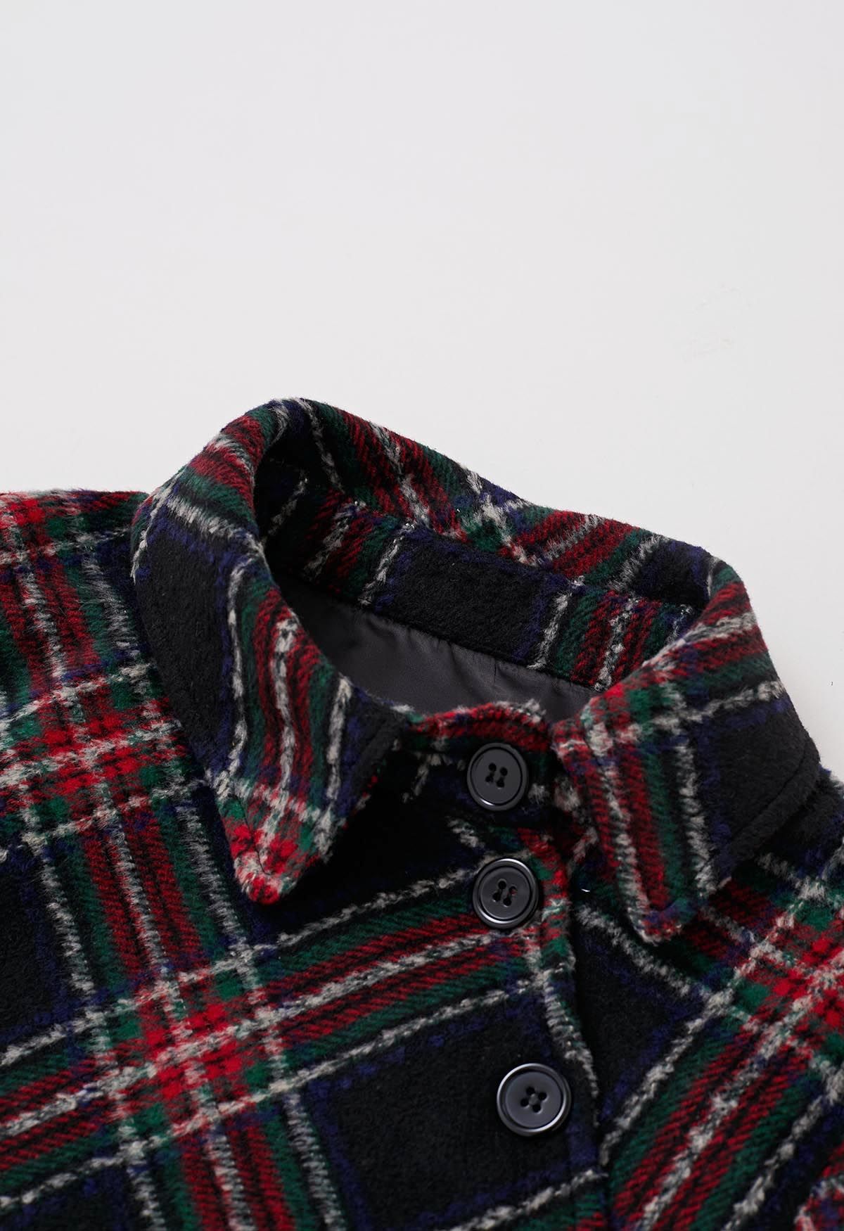 Manteau cape en tartan avec ceinture et boutons en noir