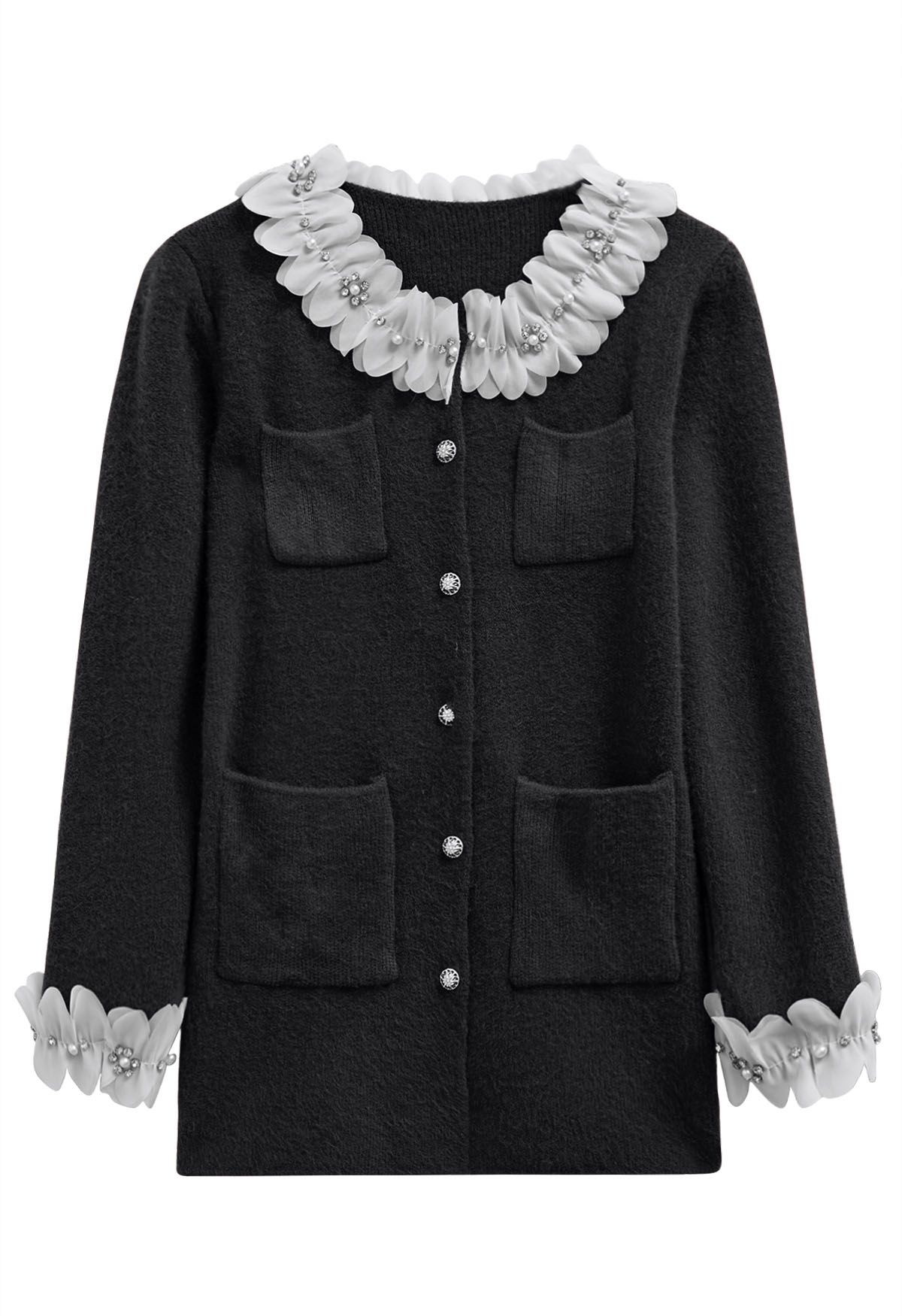 Cardigan en tricot à poches plaquées et encolure à pétales 3D en noir