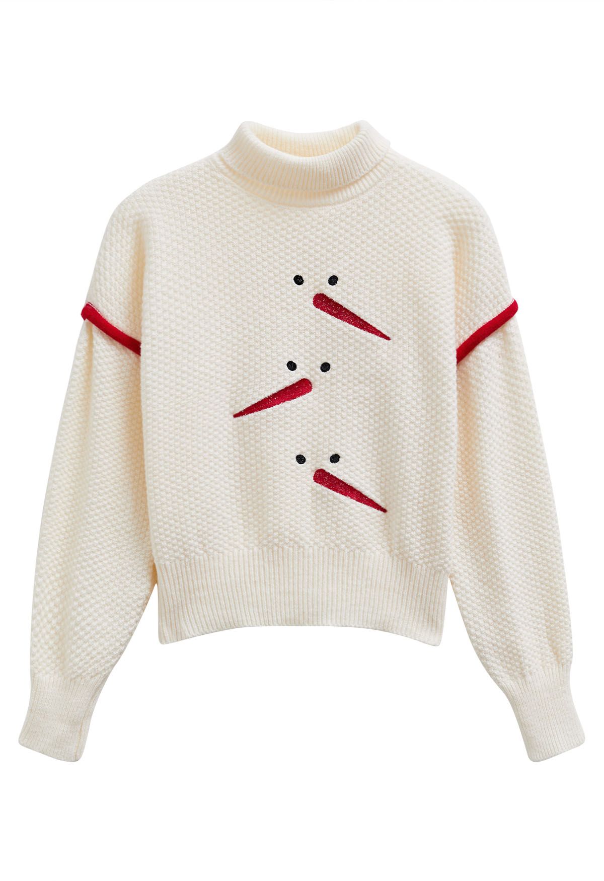 Pull en tricot gaufré à col roulé et broderie bonhomme de neige ludique