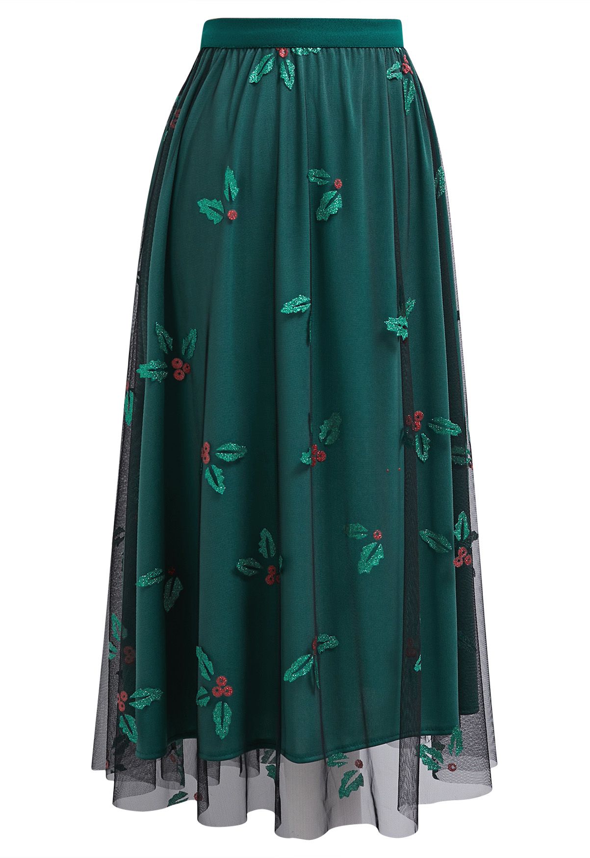 Jupe mi-longue en tulle Joyful Holly en vert foncé