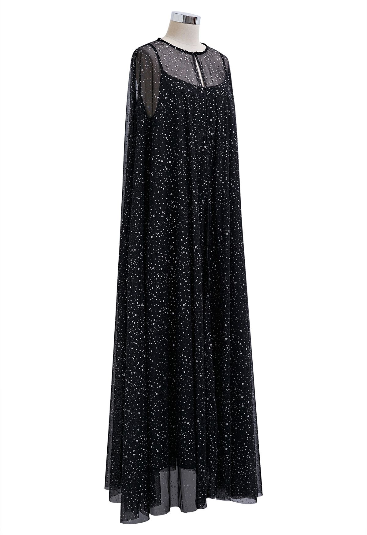 Robe longue cape en maille pailletée noire