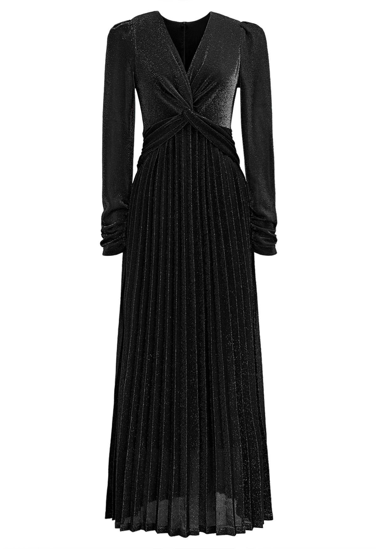 Robe longue plissée scintillante à devant torsadé en noir