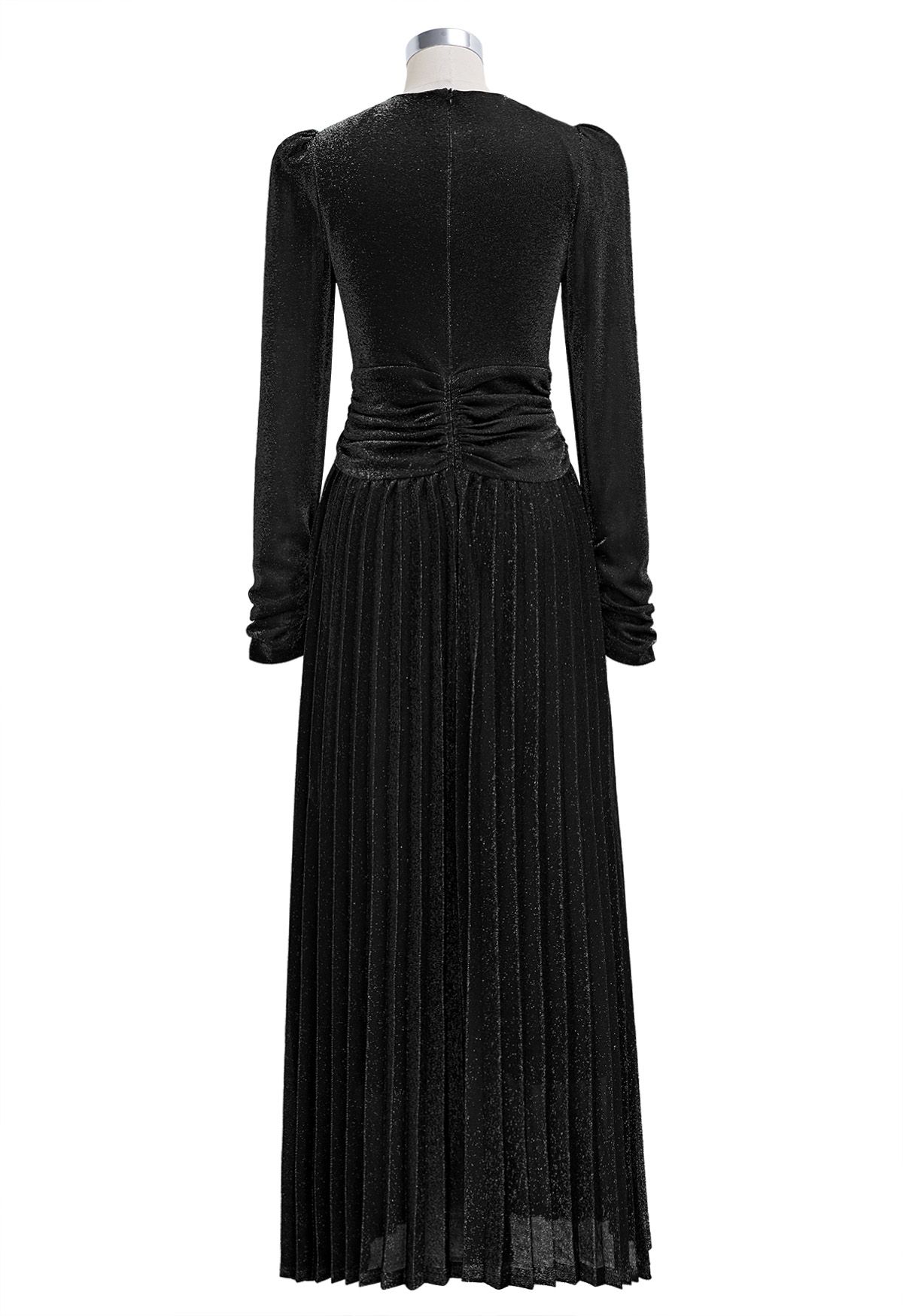 Robe longue plissée scintillante à devant torsadé en noir