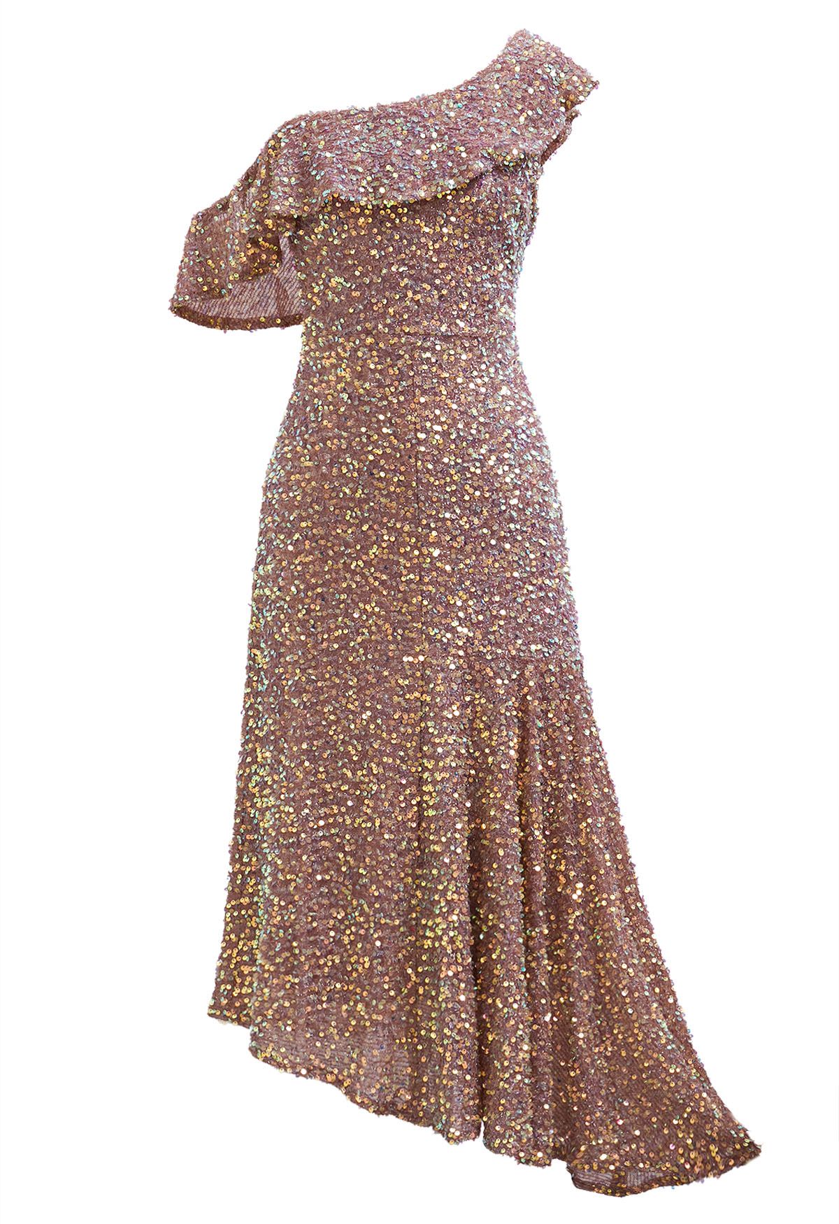 Robe asymétrique à volants et à une épaule en sequins