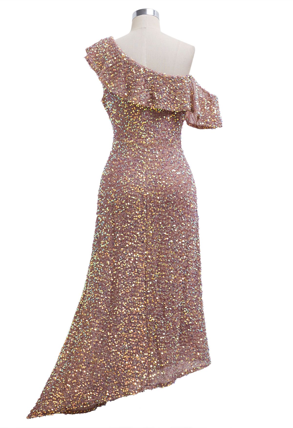 Robe asymétrique à volants et à une épaule en sequins