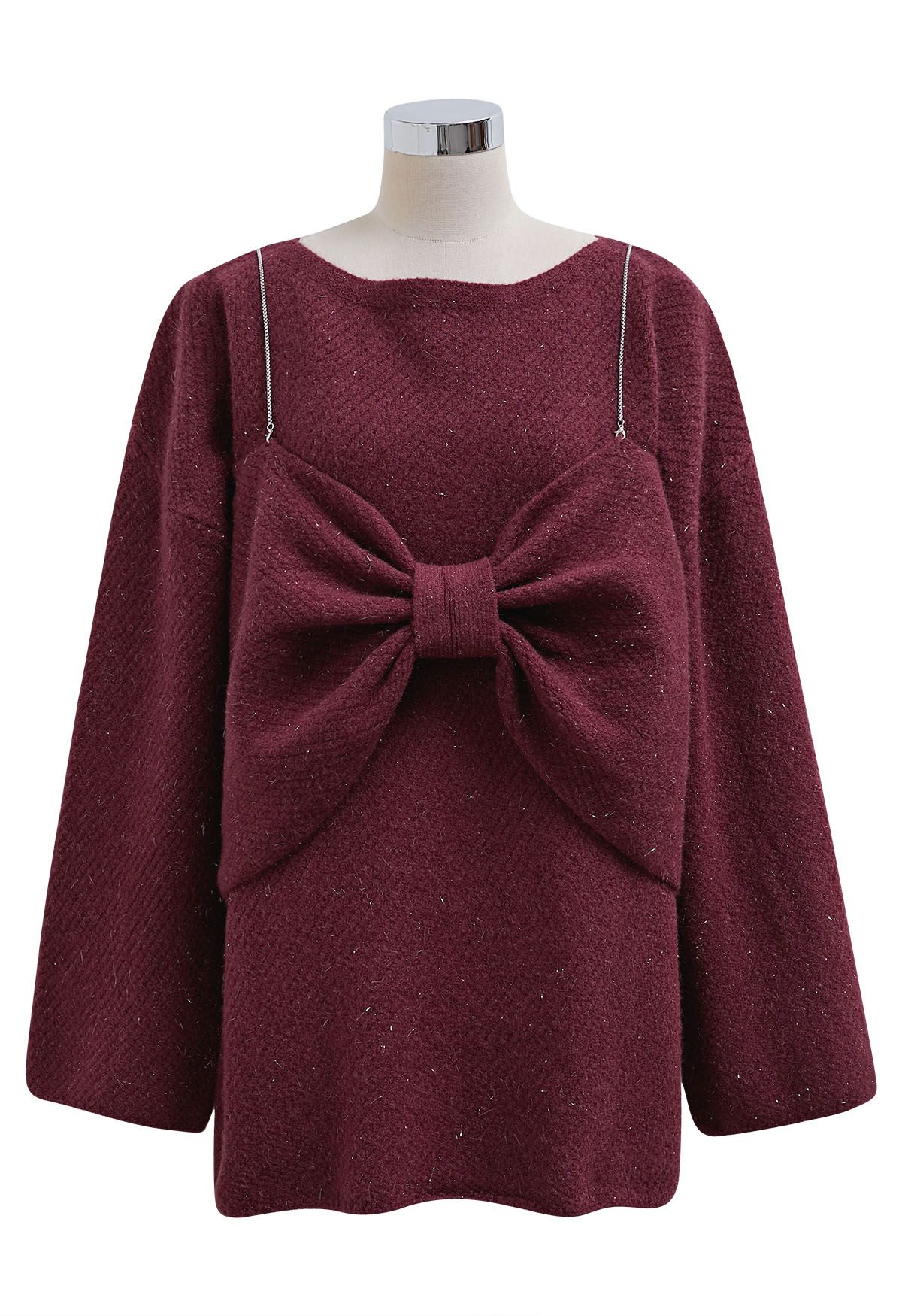 Robe pull en tricot métallisé 2 pièces avec nœud papillon en prune