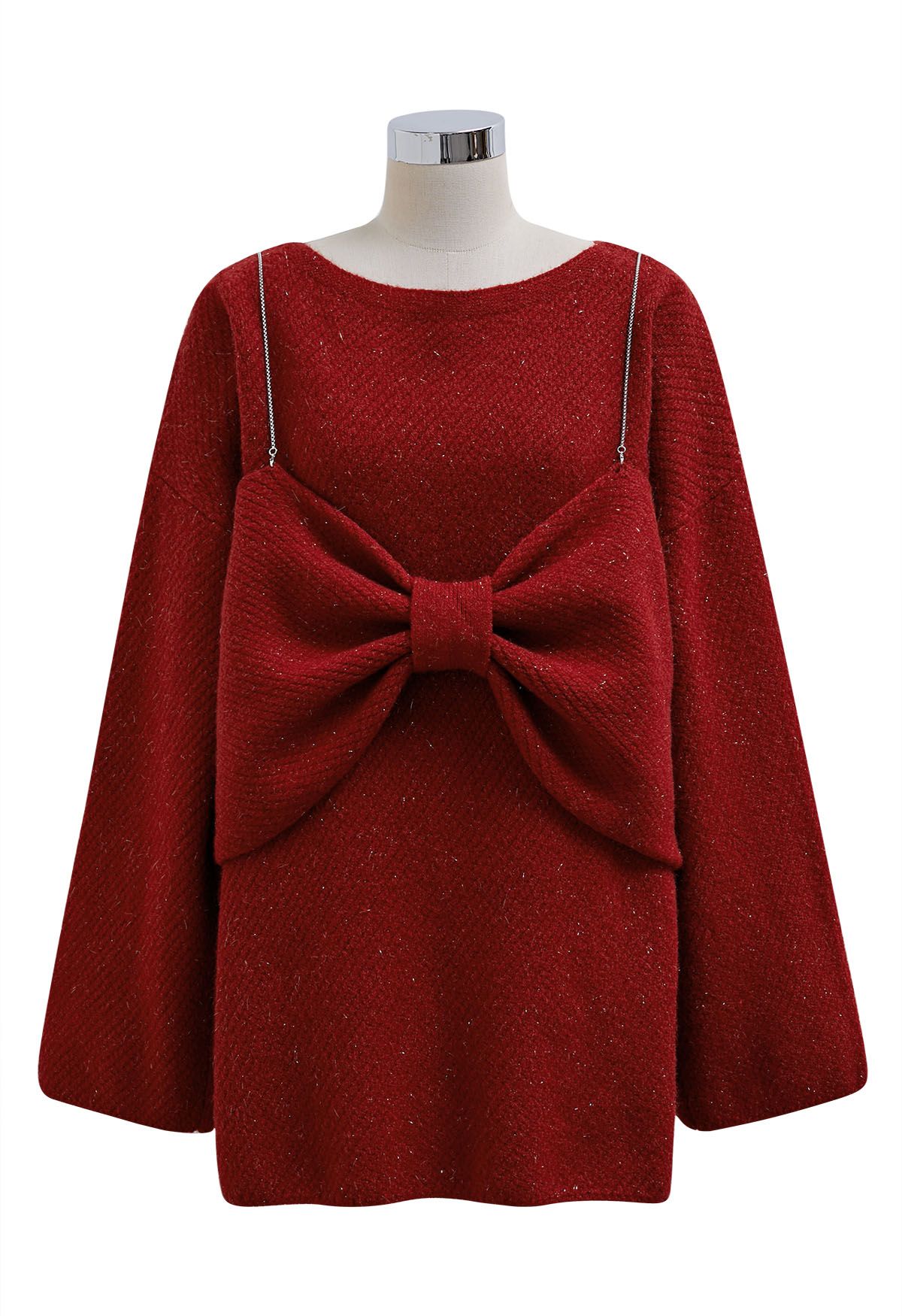 Robe pull en tricot métallisé 2 pièces avec nœud papillon en rouge