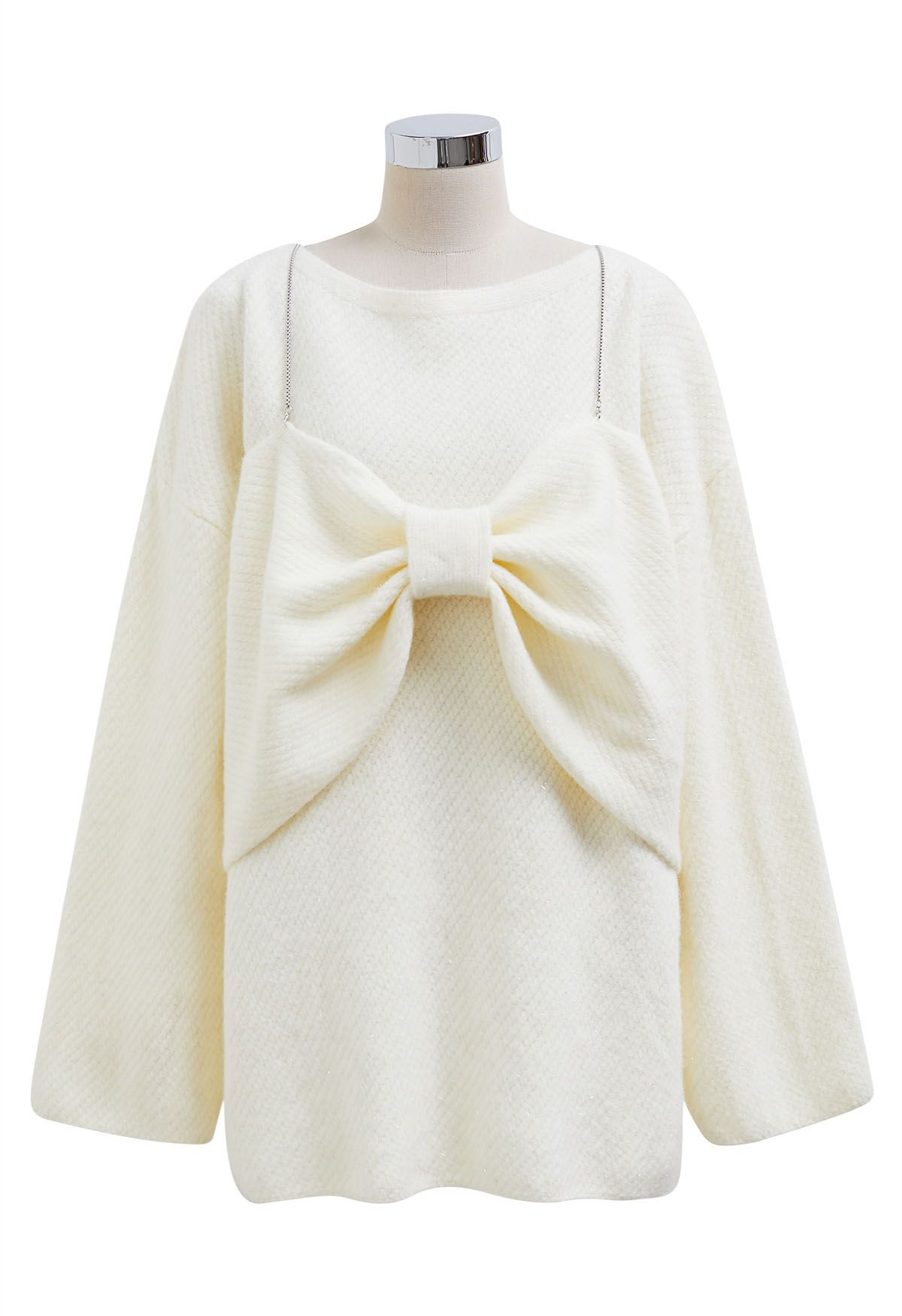 Robe pull en tricot métallisé 2 pièces avec nœud papillon en crème