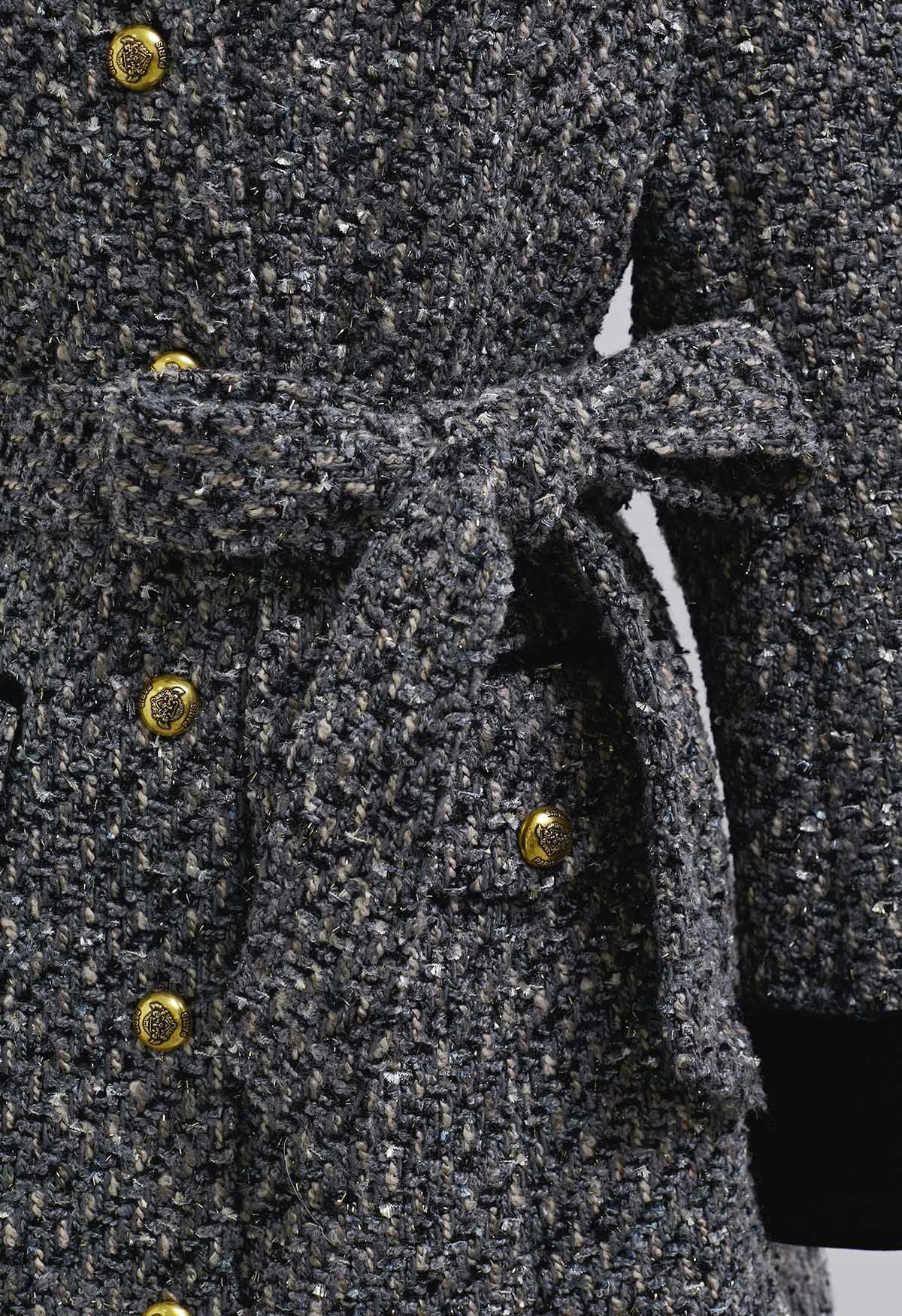 Robe blazer boutonnée en tweed à paillettes et velours gris