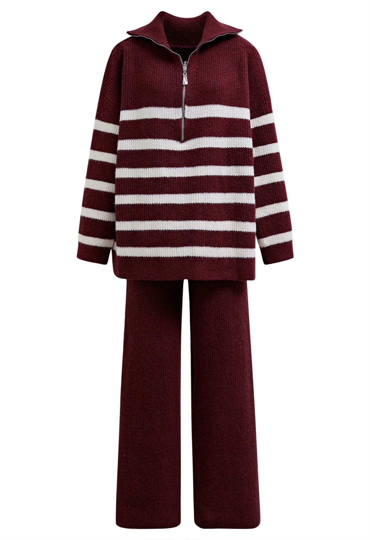 Ensemble pull et pantalon à demi-zip à rayures bordeaux