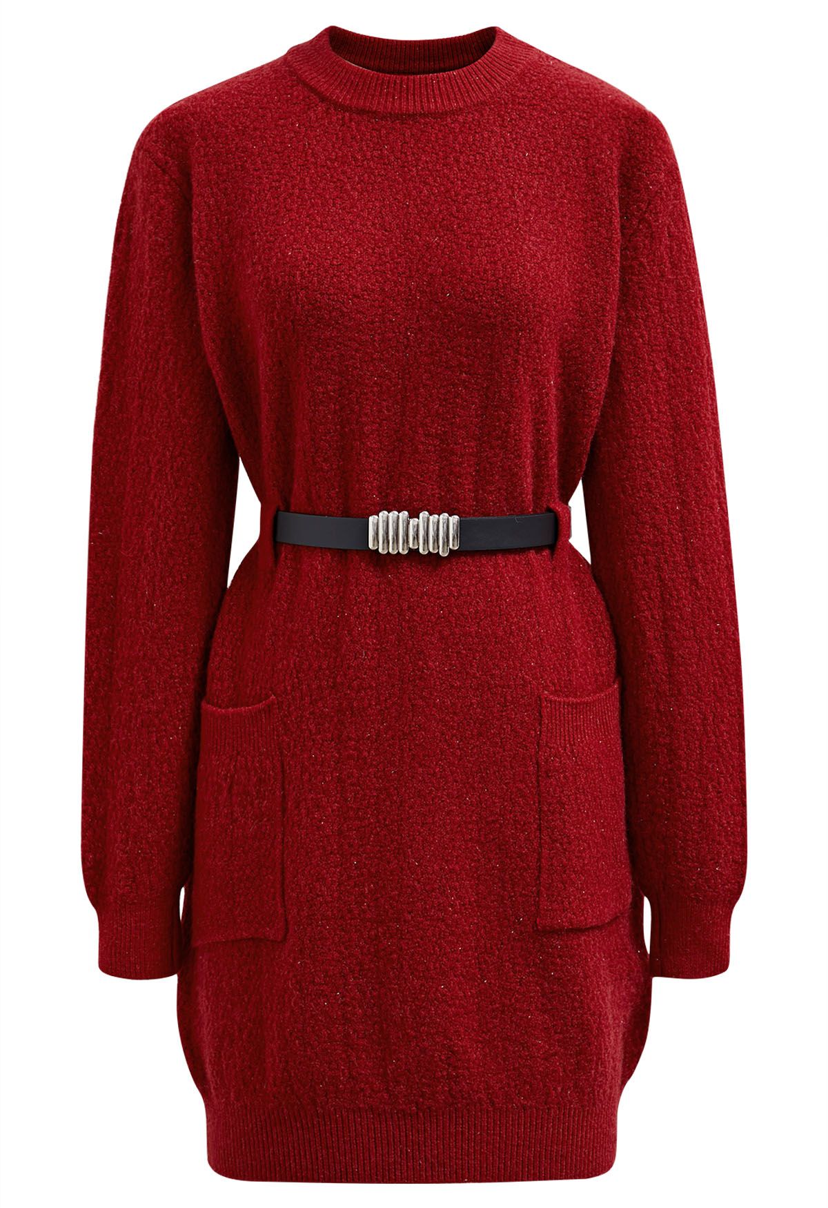 Robe pull courte avec ceinture et poches plaquées en rouge