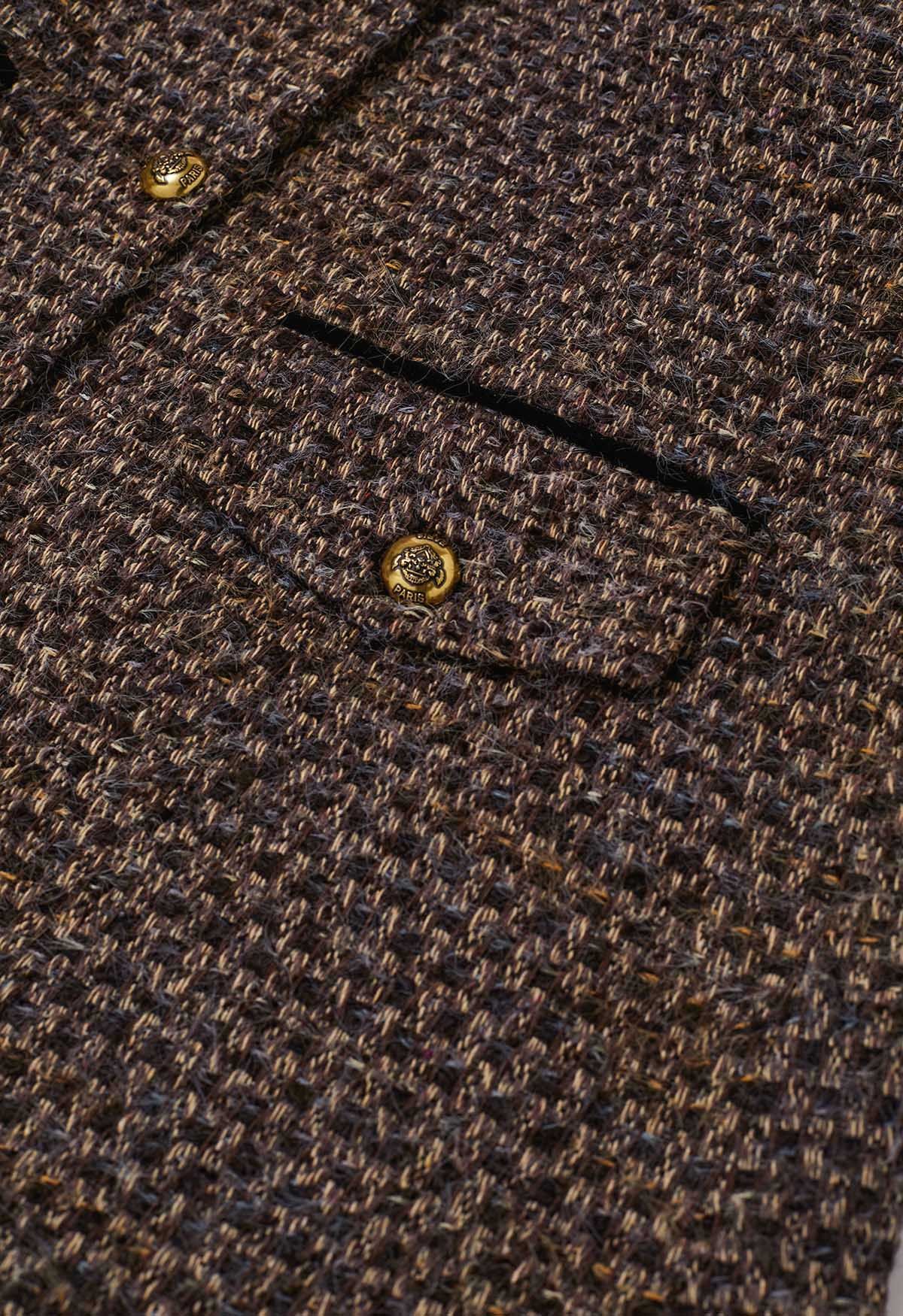 Robe blazer boutonnée en tweed épissé et velours duveteux en marron