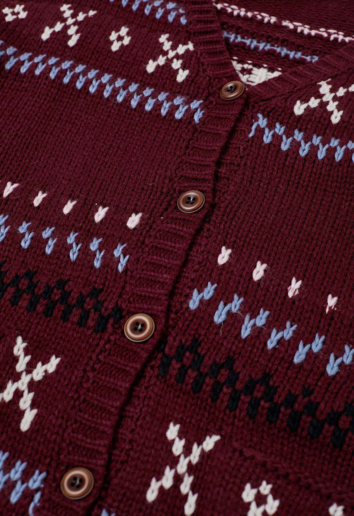 Cardigan boutonné en tricot confortable à motif Fair Isle en bordeaux