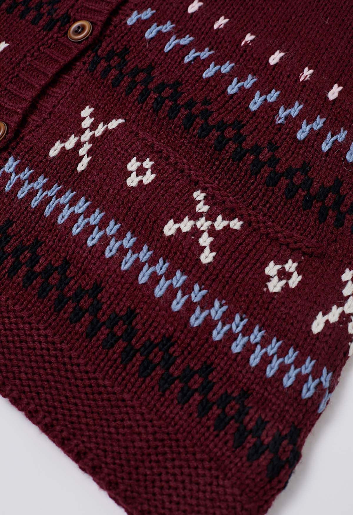 Cardigan boutonné en tricot confortable à motif Fair Isle en bordeaux