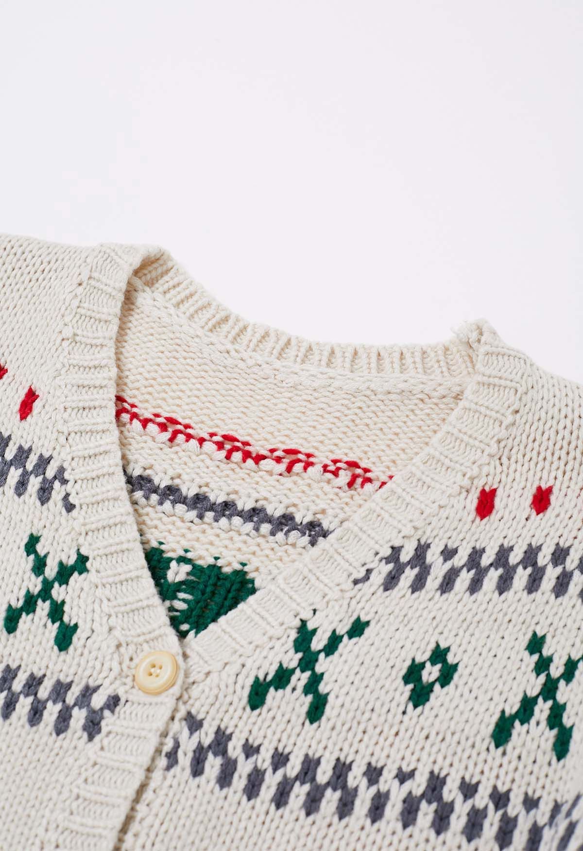 Cardigan boutonné confortable en tricot Fair Isle en ivoire