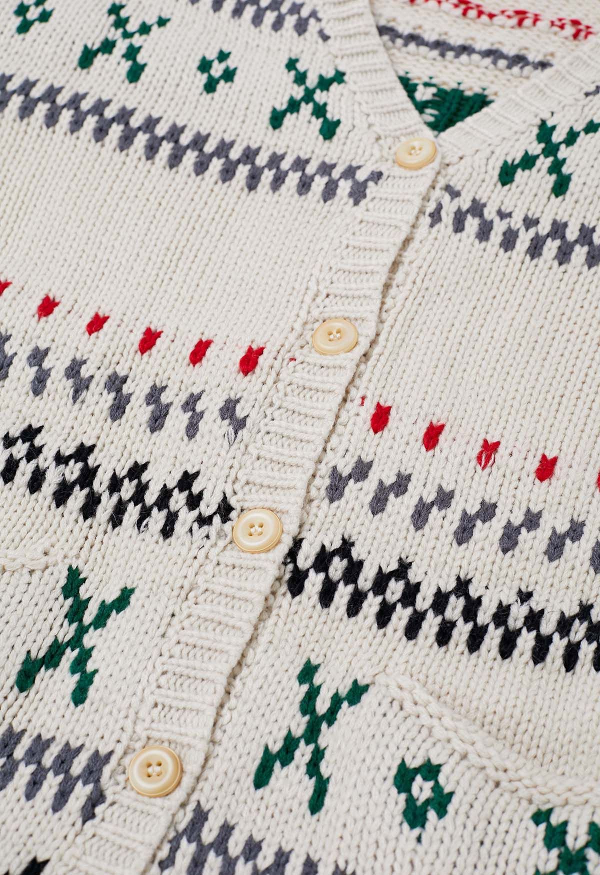 Cardigan boutonné confortable en tricot Fair Isle en ivoire