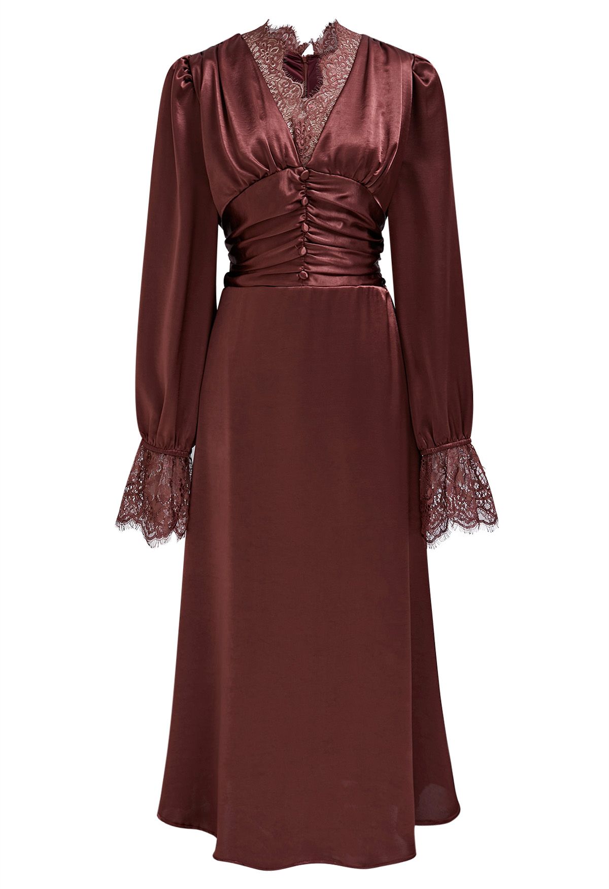 Robe mi-longue en satin taille haute froncée avec bordure en dentelle en bordeaux