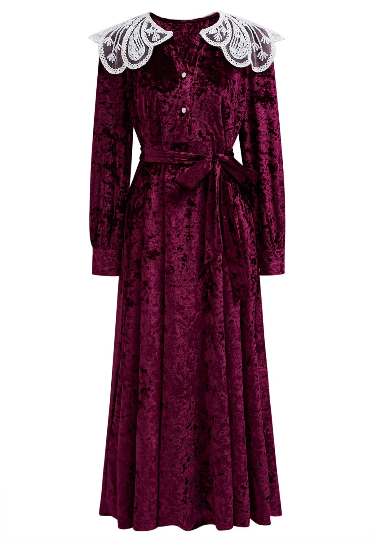 Robe mi-longue en velours avec col en dentelle bordeaux