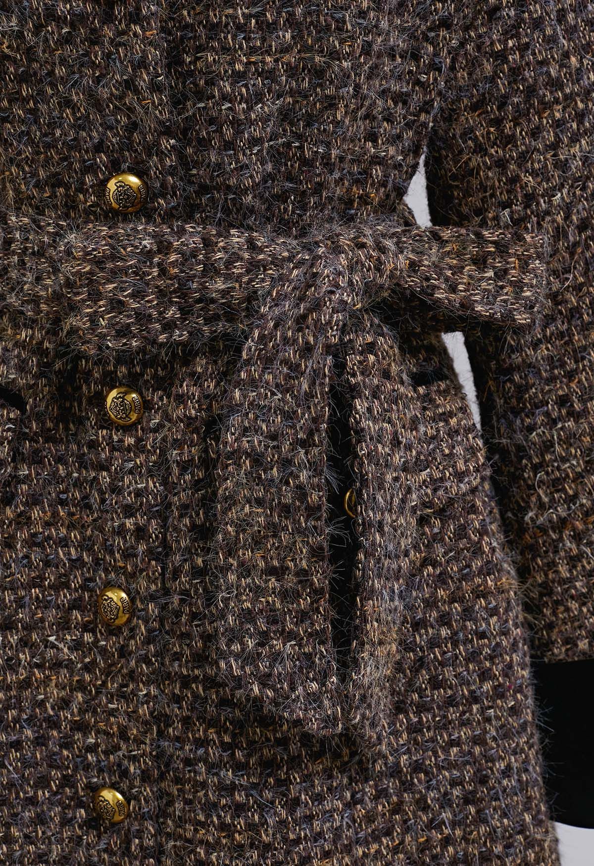 Robe blazer boutonnée en tweed épissé et velours duveteux en marron