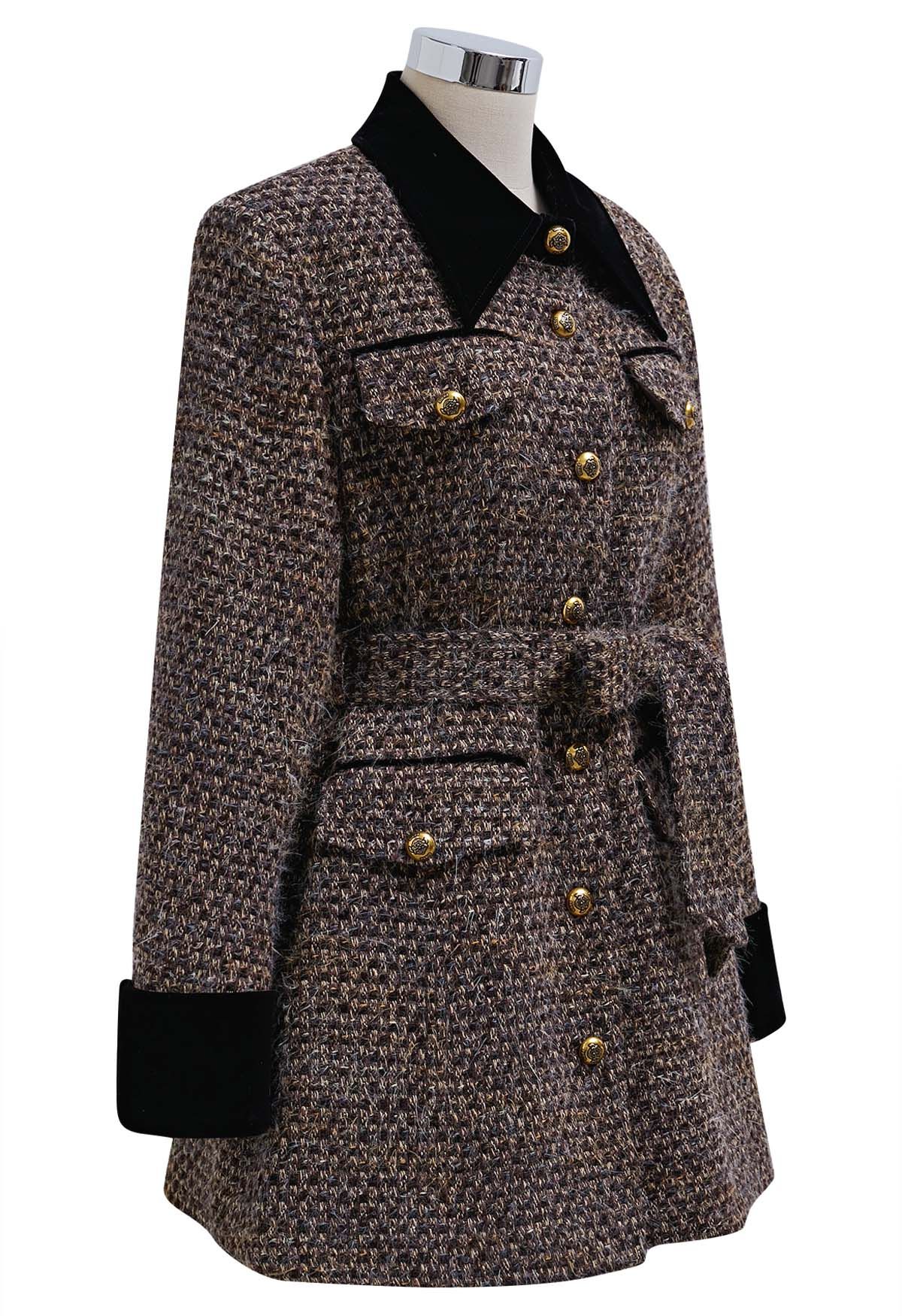 Robe blazer boutonnée en tweed épissé et velours duveteux en marron