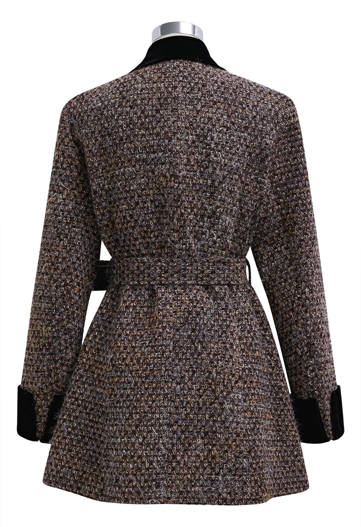 Robe blazer boutonnée en tweed épissé et velours duveteux en marron