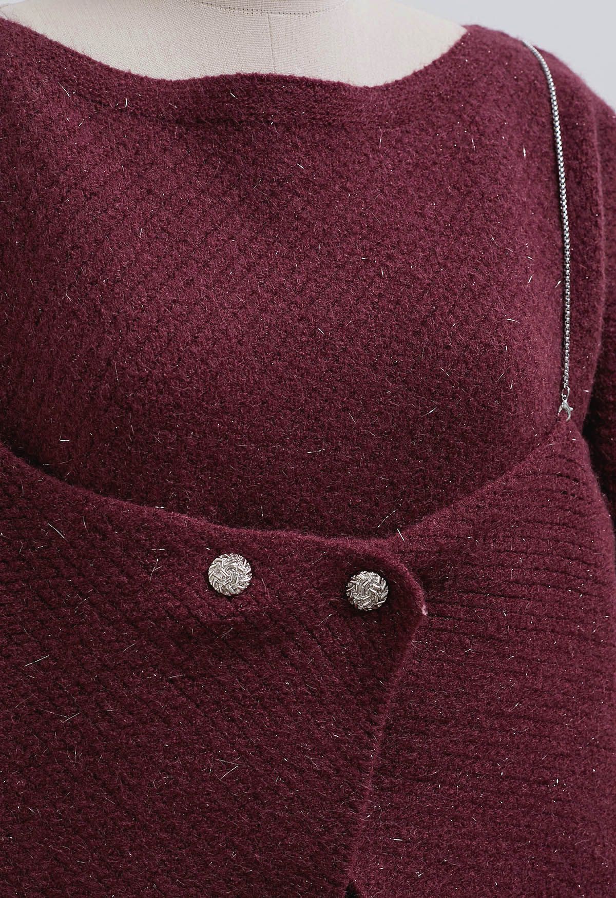 Robe pull en tricot métallisé 2 pièces avec nœud papillon en prune