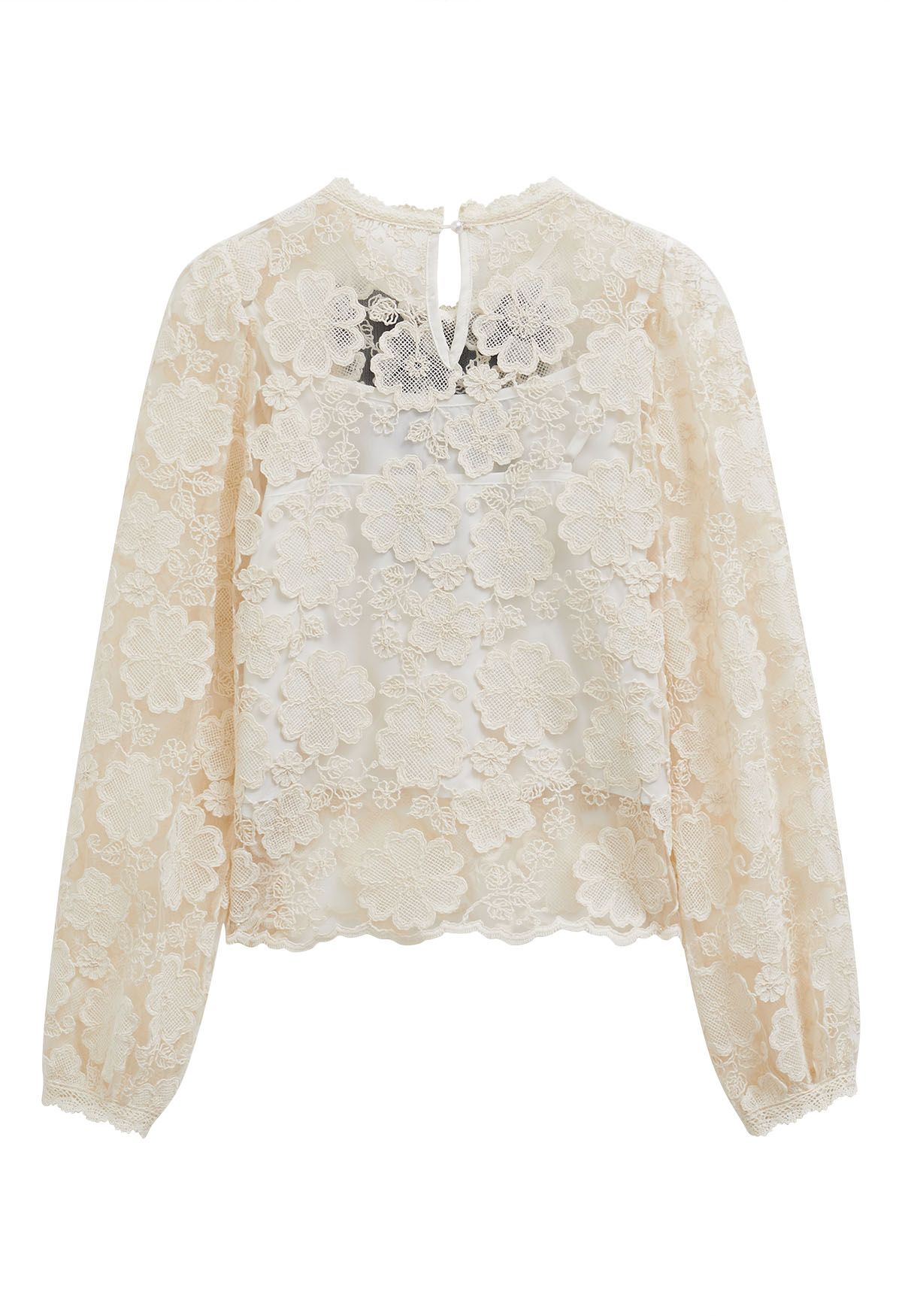 Velvet Bowknot Floral Embroidery Sheer Mesh Top