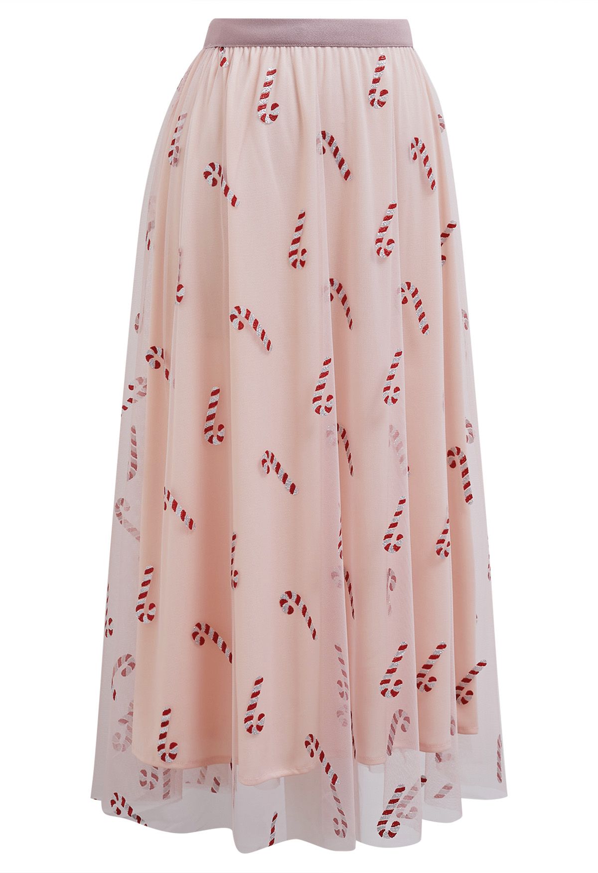 Shimmer Candy Cane Mesh Tulle Midi Skirt in Pink