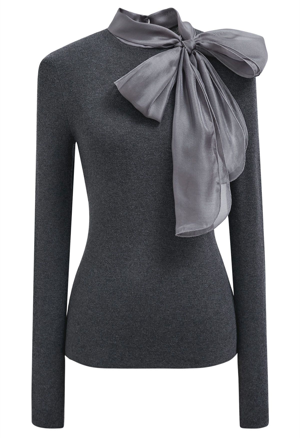 Organza Bowknot Neckline Knit Top in Smoke