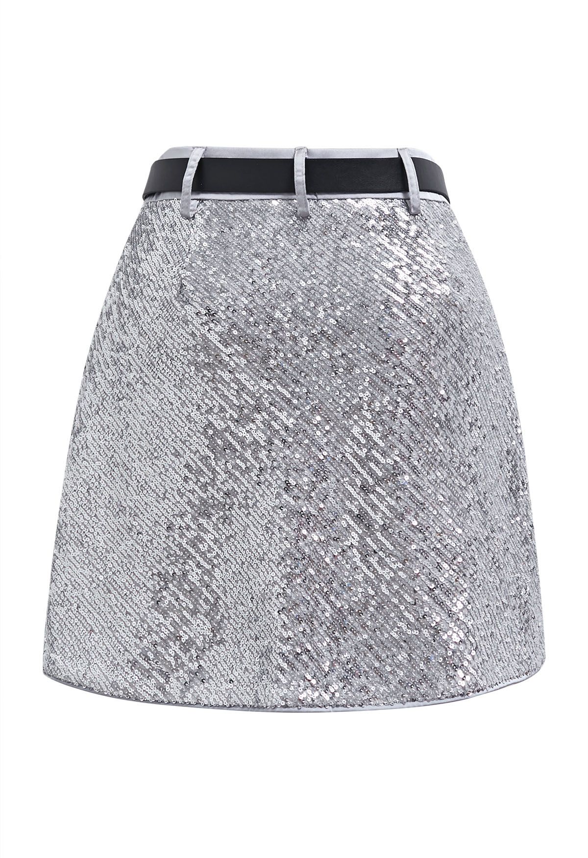 Sparkling Sequin Belted Mini Bud Skirt in Silver