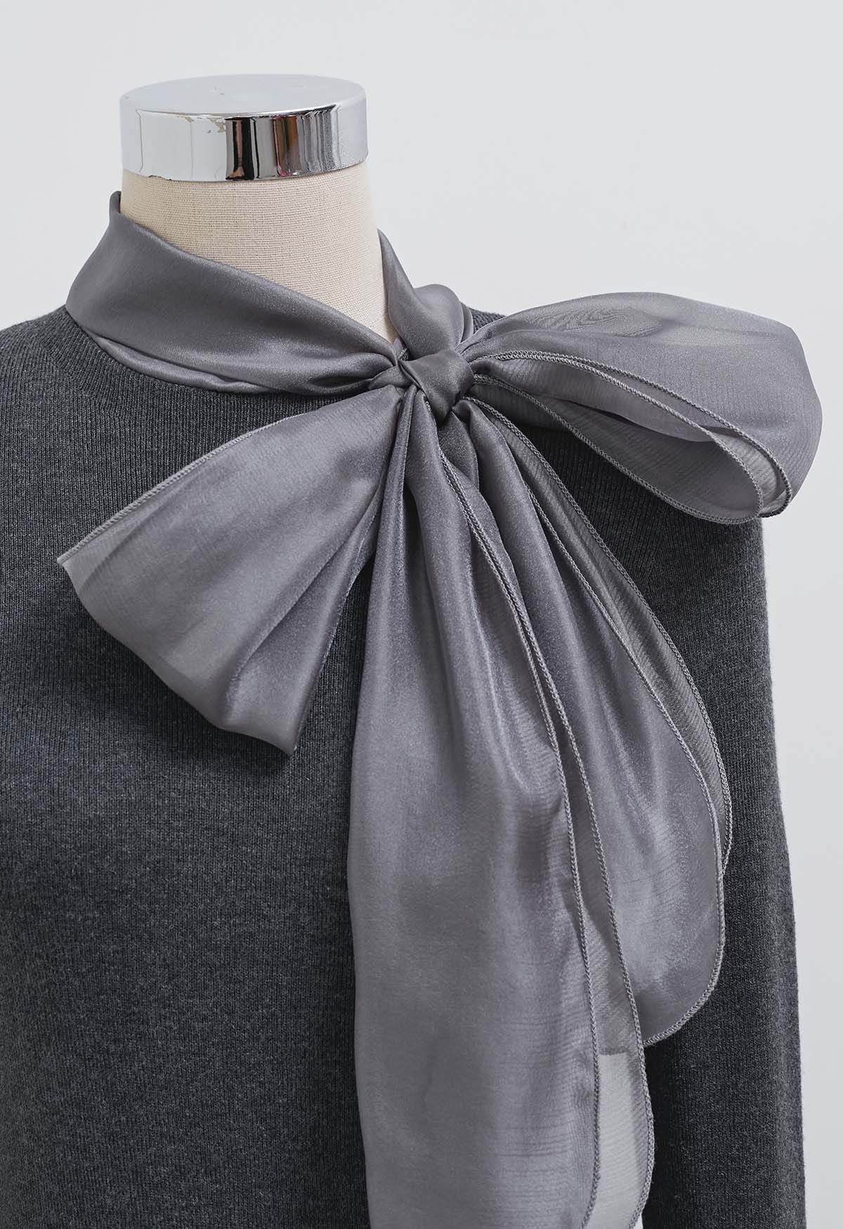 Organza Bowknot Neckline Knit Top in Smoke