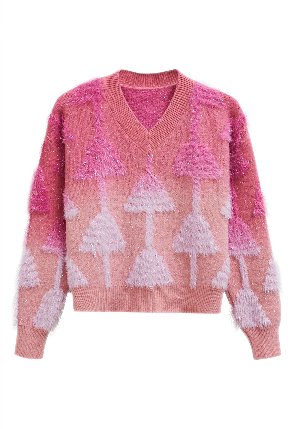 Fuzzy Christmas Tree Ombre Knit V-Neck Sweater