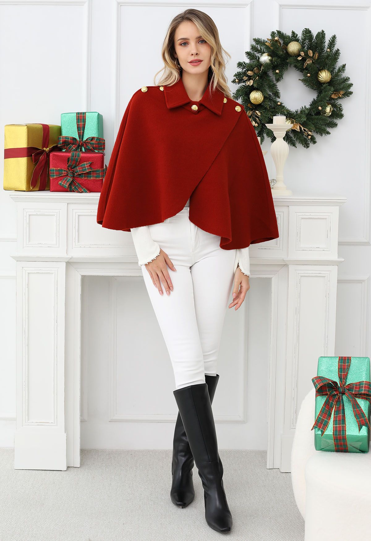 Golden Button Wrapped Knit Cape in Red